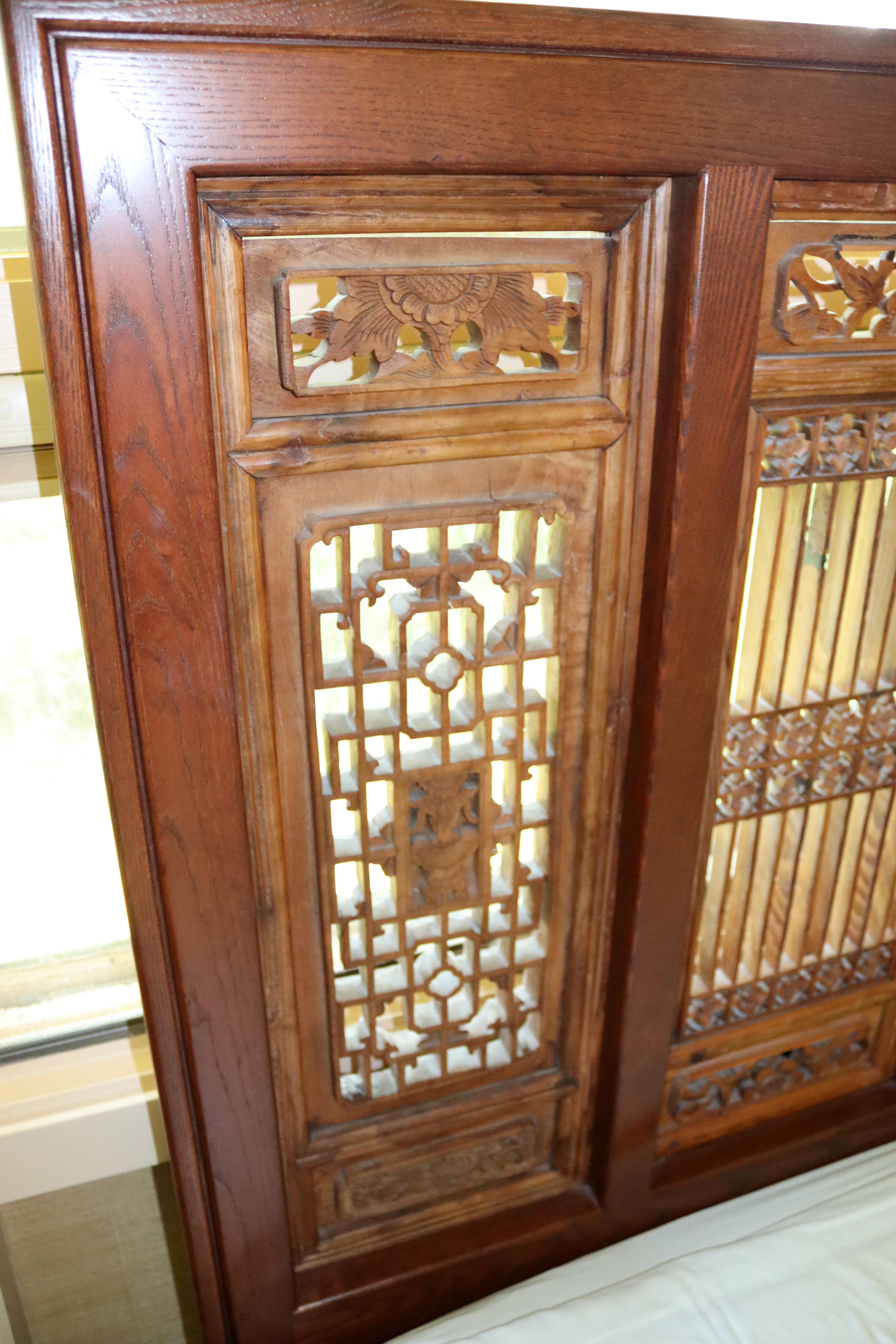 Late 20th Century Mid-Century Modern King Size Asian Carved Wood Screen Headboard, 1970s