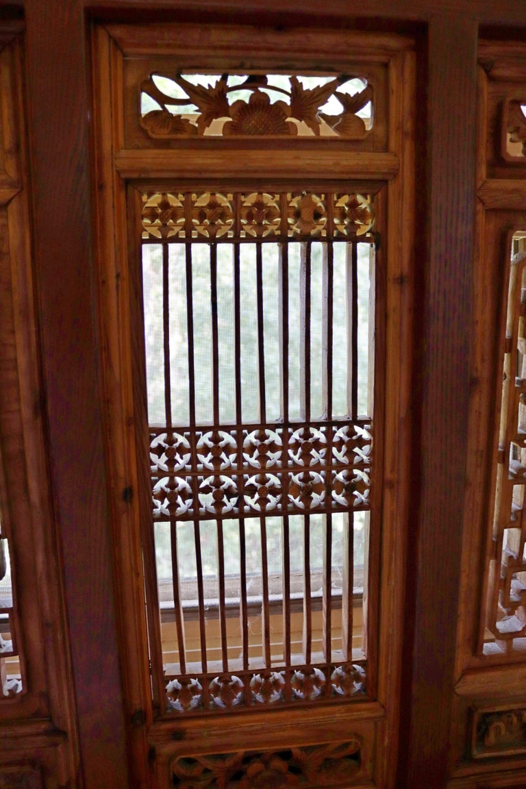 MidCentury Modern King Size Asian Carved Wood Screen Headboard, 1970s