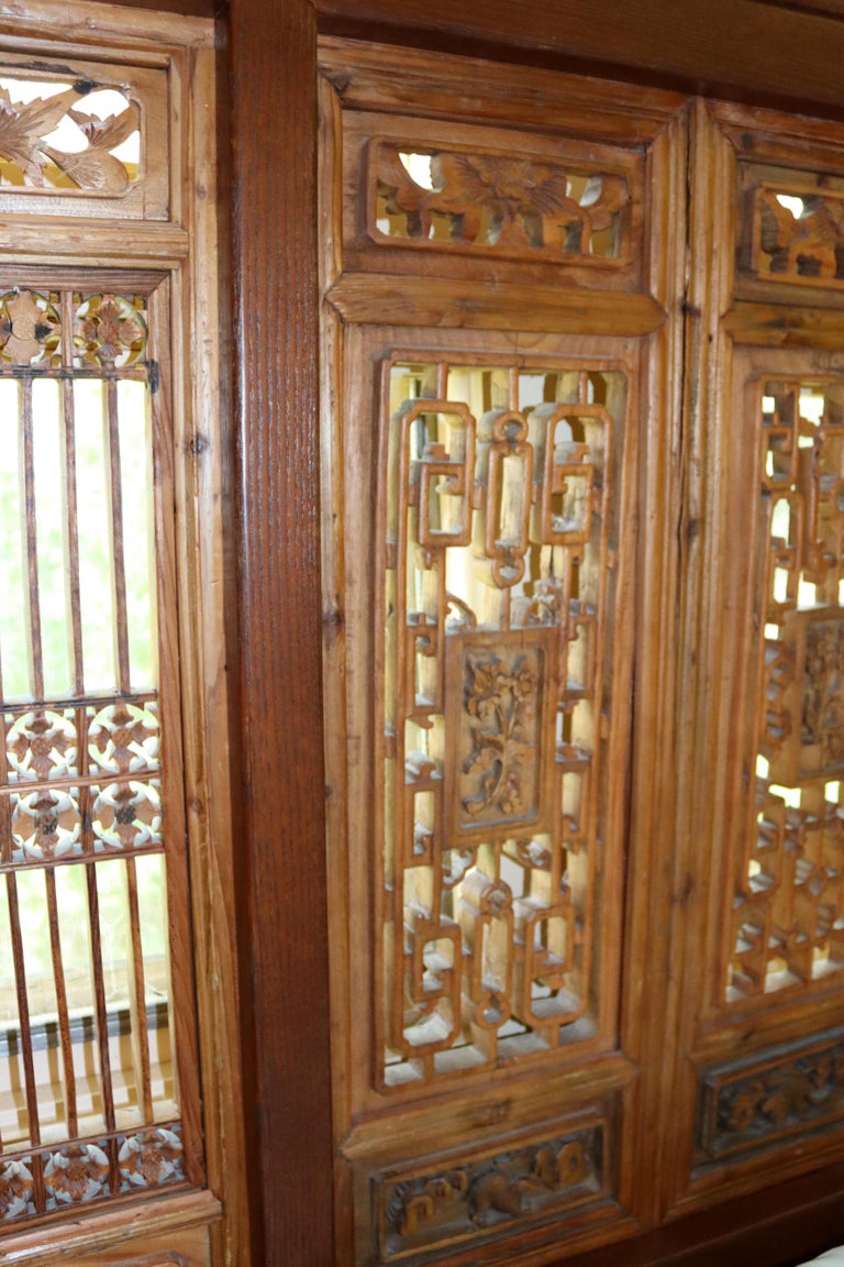 MidCentury Modern King Size Asian Carved Wood Screen Headboard, 1970s