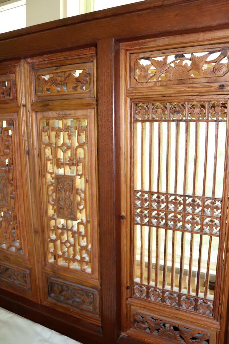 MidCentury Modern King Size Asian Carved Wood Screen Headboard, 1970s