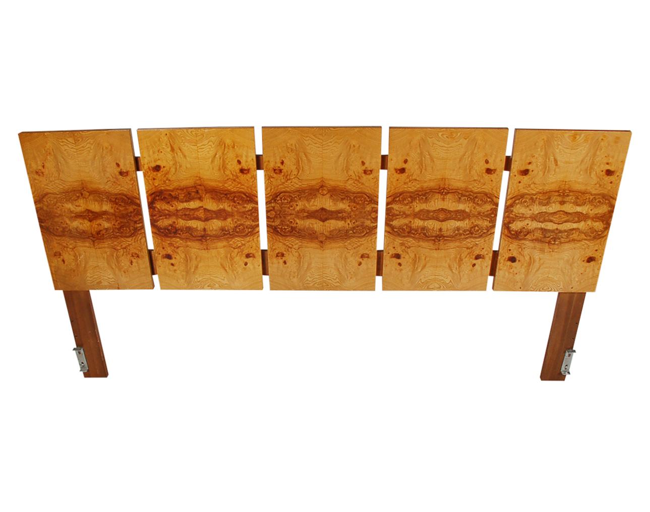 Mid-Century Modern King Size Headboard Attributed to Milo Baughman in Olive Burl In Good Condition In Philadelphia, PA