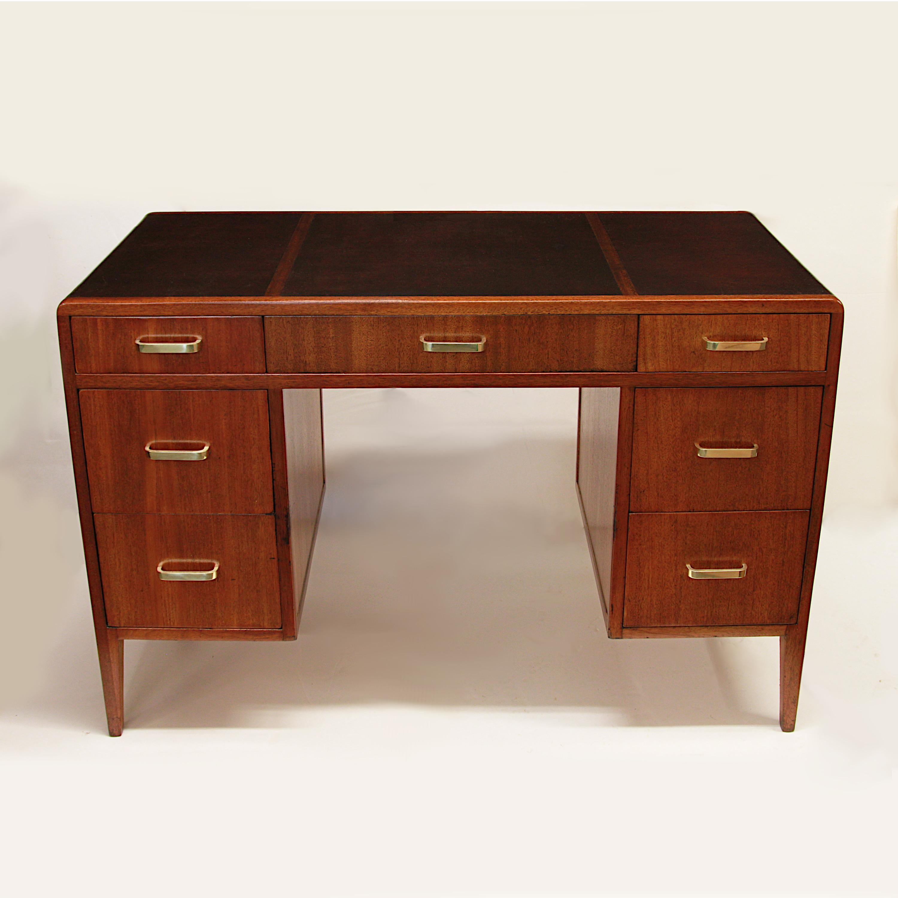 North American Mid-Century Modern Kneehole Leather-Top Desk by Edward Wormley for Dunbar