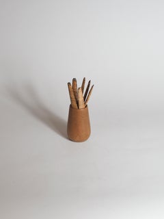 Mid-Century Modern Knife Set with Rattan Handles and Wooden Stand by Carl Auböck