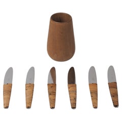 Mid-Century Modern Knife Set with Rattan Handles and Wooden Stand by Carl Auböck