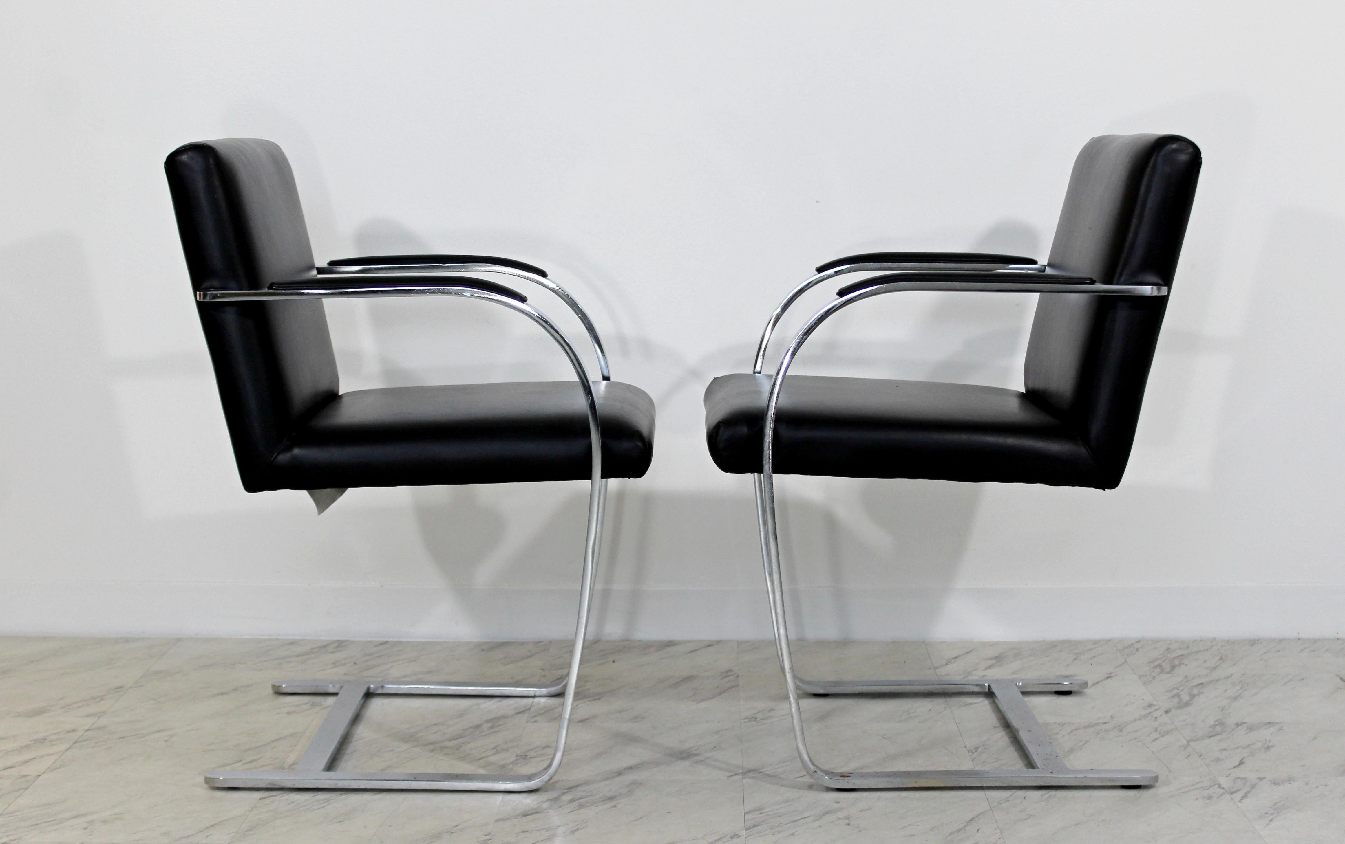Mid-Century Modern Knoll Brno Set of 6 Chrome Black Leather Dining Armchairs In Good Condition In Keego Harbor, MI
