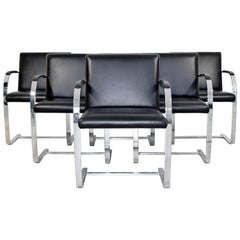 Mid-Century Modern Knoll Brno Set of 6 Chrome Black Leather Dining Armchairs