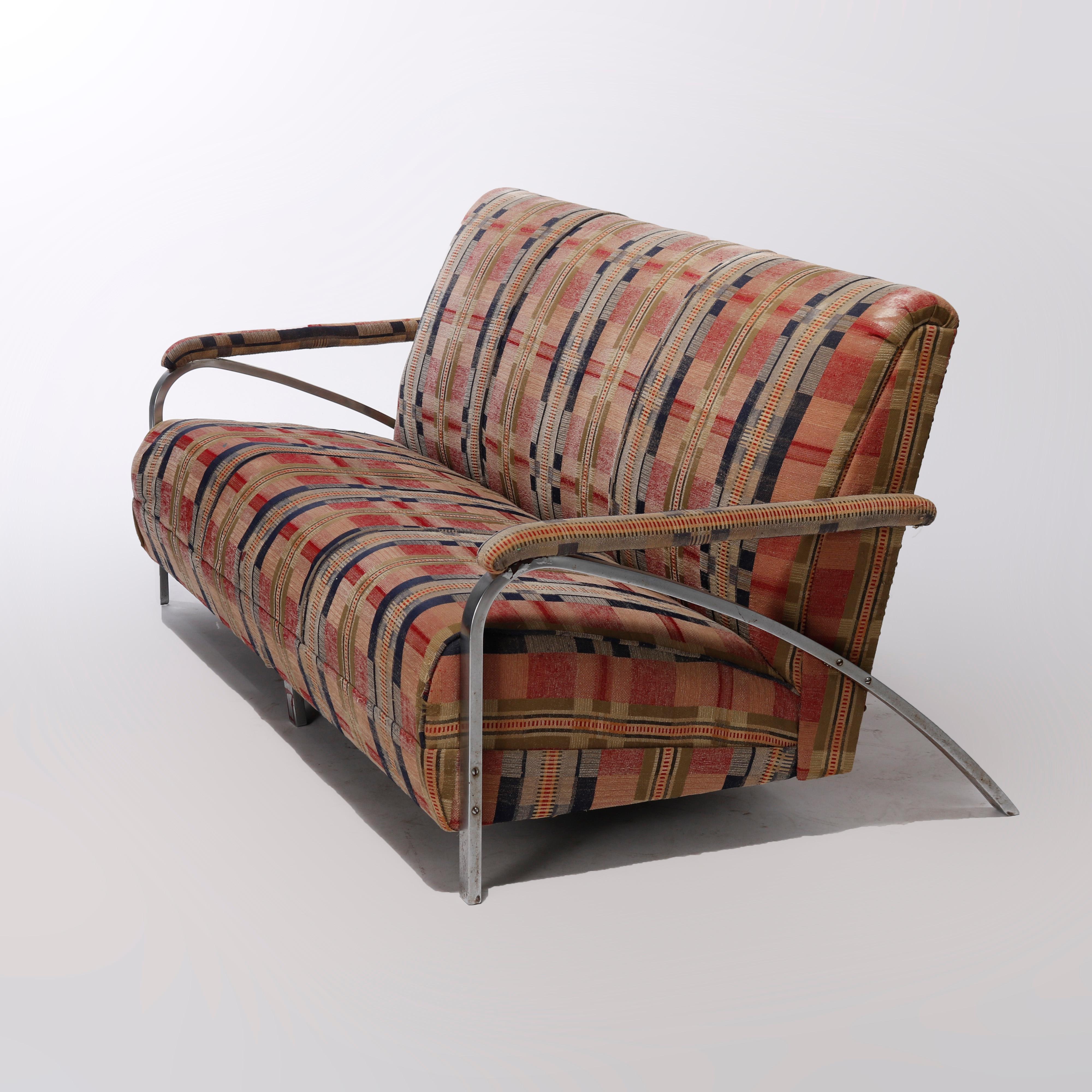 American Mid-Century Modern Knoll School Upholstered Chrome Frame Sofa, C1950