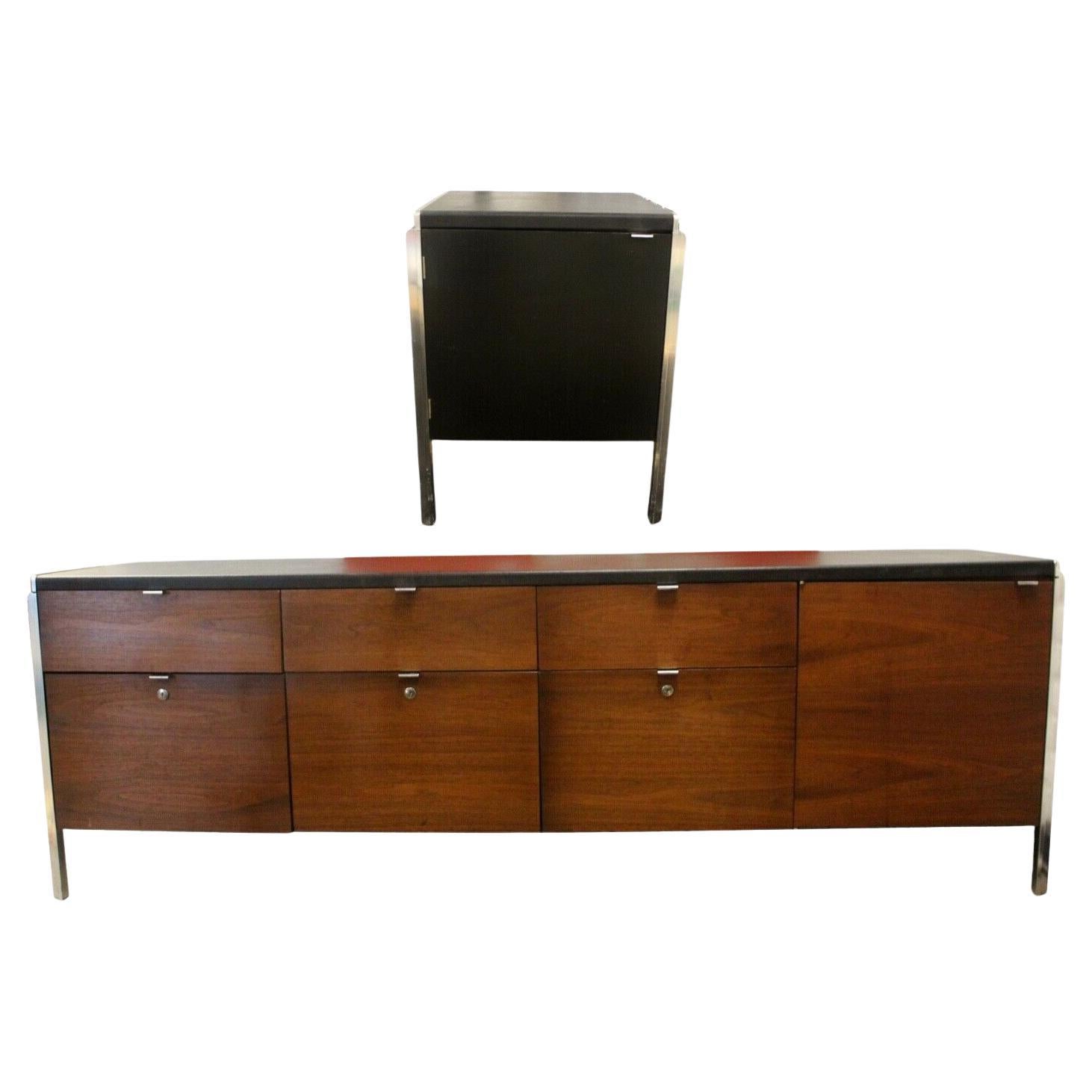 Mid-Century Modern Knoll Style Walnut Steel & Leather Credenza & Cabinet Storage