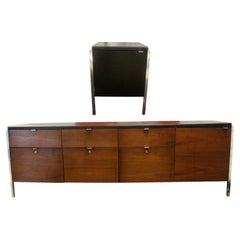 Used Mid-Century Modern Knoll Style Walnut Steel & Leather Credenza & Cabinet Storage