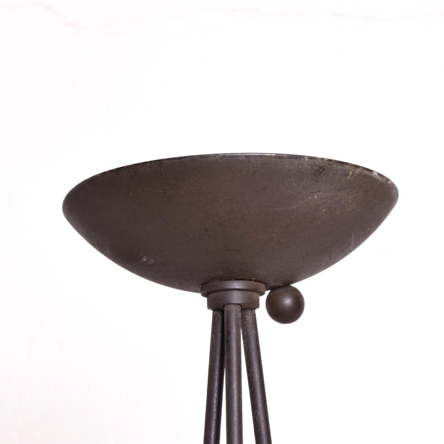 For your consideration:  Modern Tripod Floor Lamp Torchiere by Koch & Lowy.
Patinated steel.
Sleek and Sexy Memphis style modern torchiere floor lamp.  
Tested and currently working.
Dimensions: 72.5 height x 16 in diameter.
Original fair vintage
