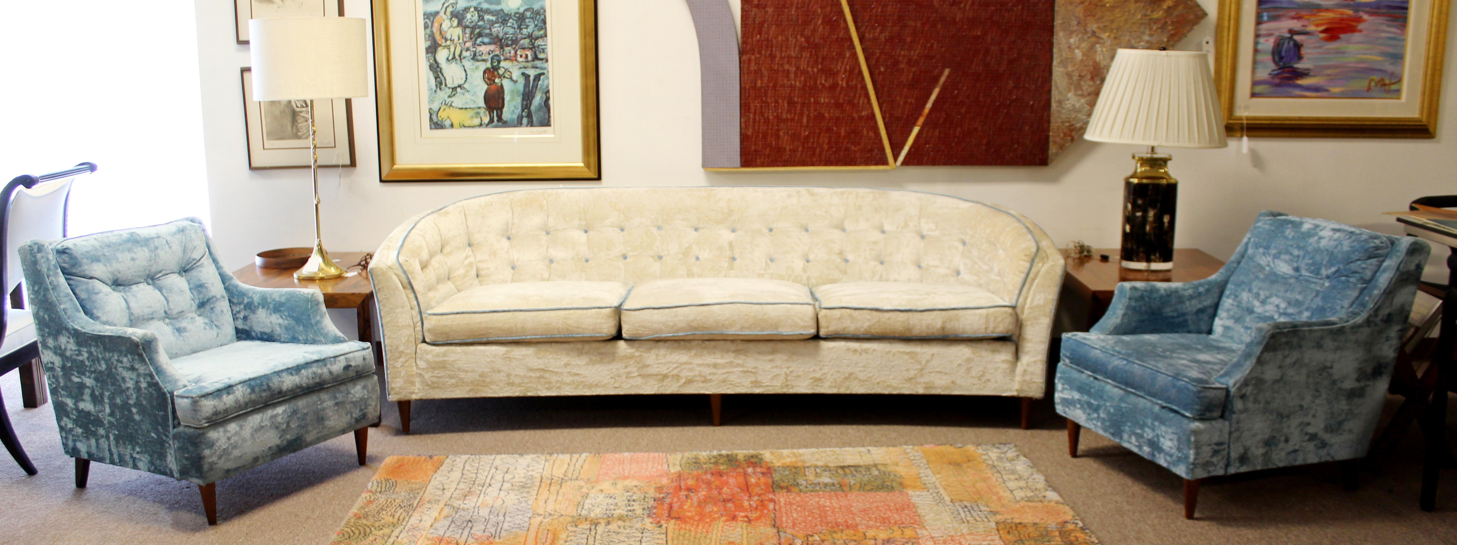 For your consideration is an incredible, Kroehler, crushed velvet sofa and pair of chairs suite, circa 1950s. In excellent condition. The dimensions are of the sofa are 92