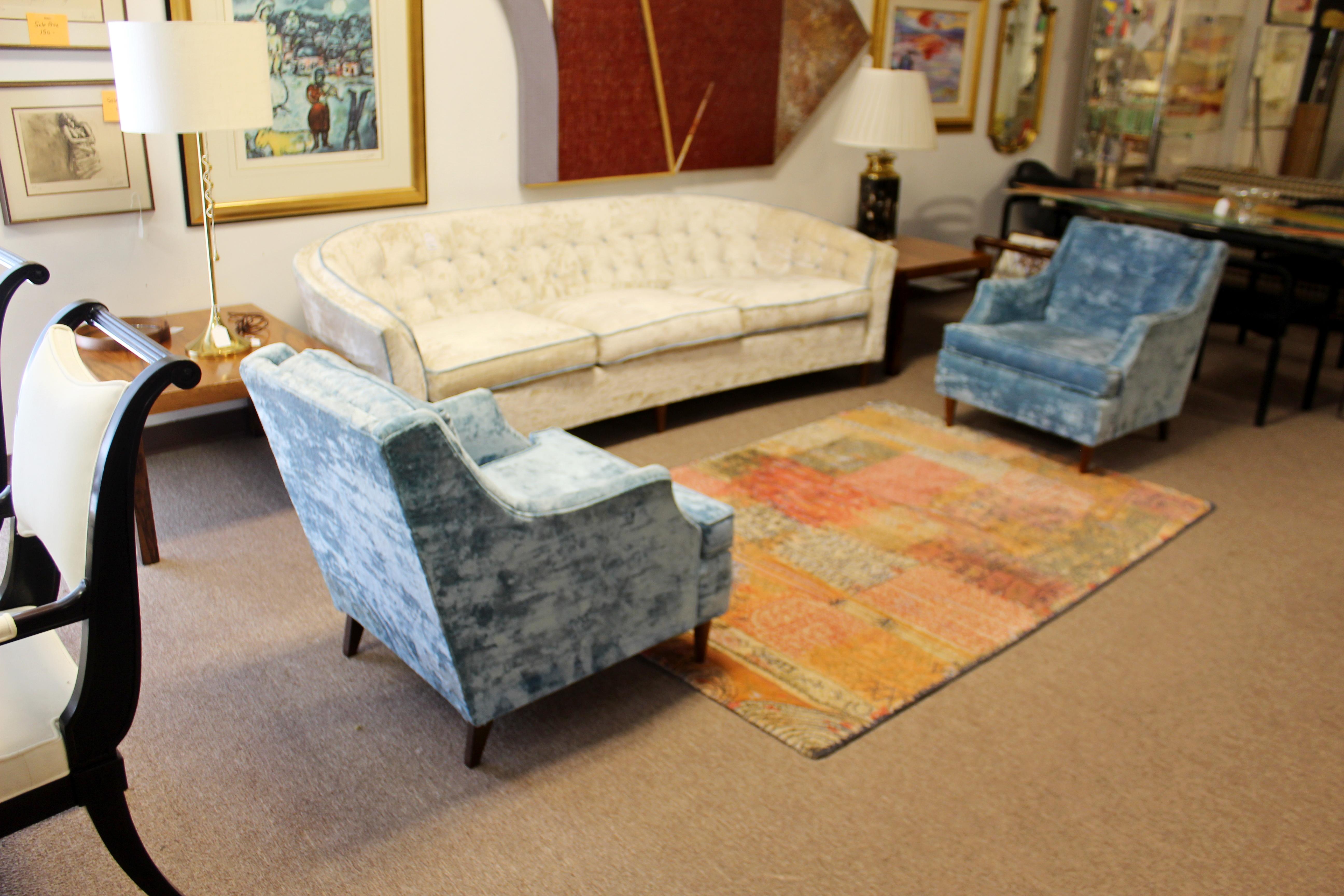 Mid-Century Modern Kroehler Suite Crushed Velvet Sofa Pair Chairs Set, 1950s In Good Condition In Keego Harbor, MI