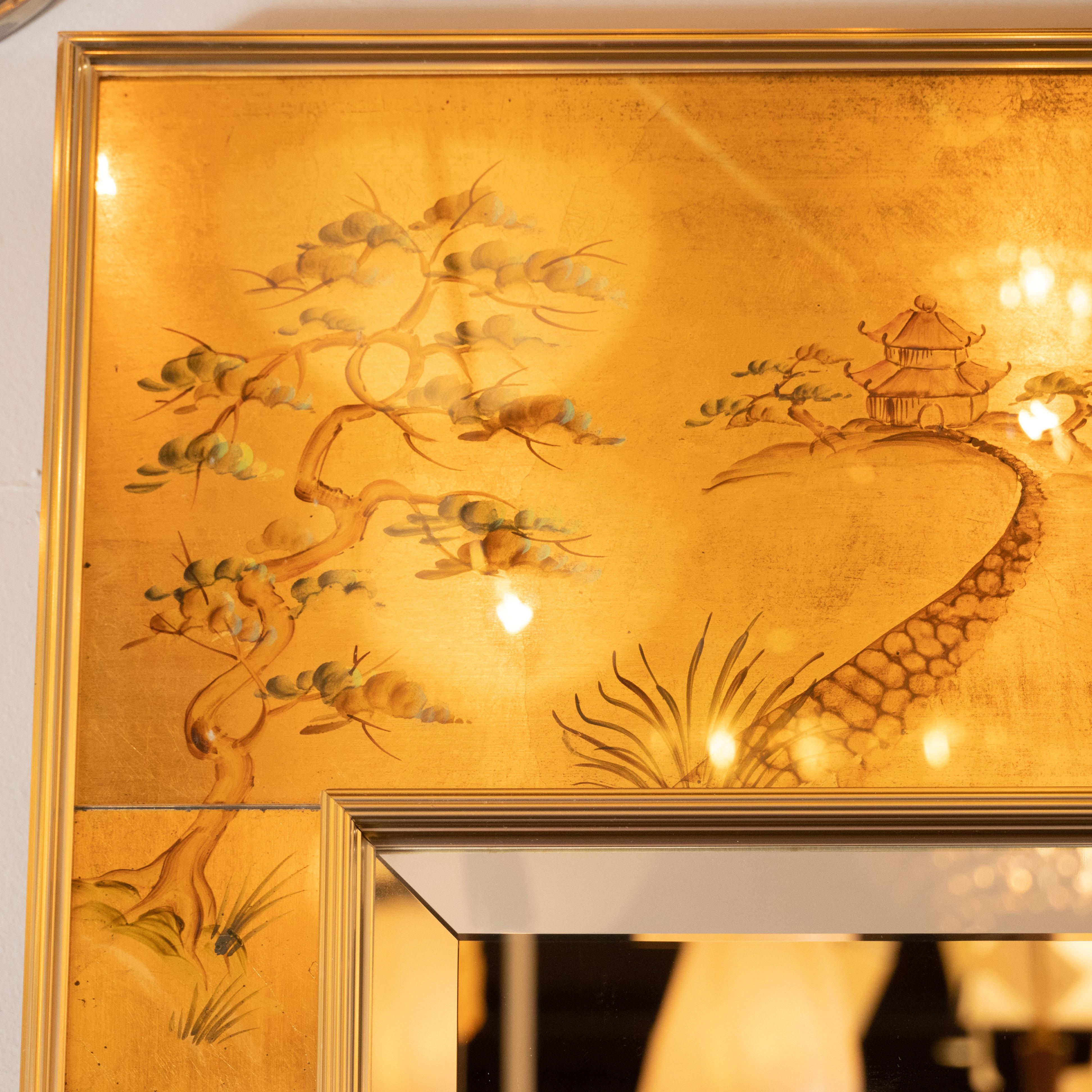 Mid-Century Modern La Barge Hand Painted Églomisé Chinoiserie Mirror In Excellent Condition In New York, NY