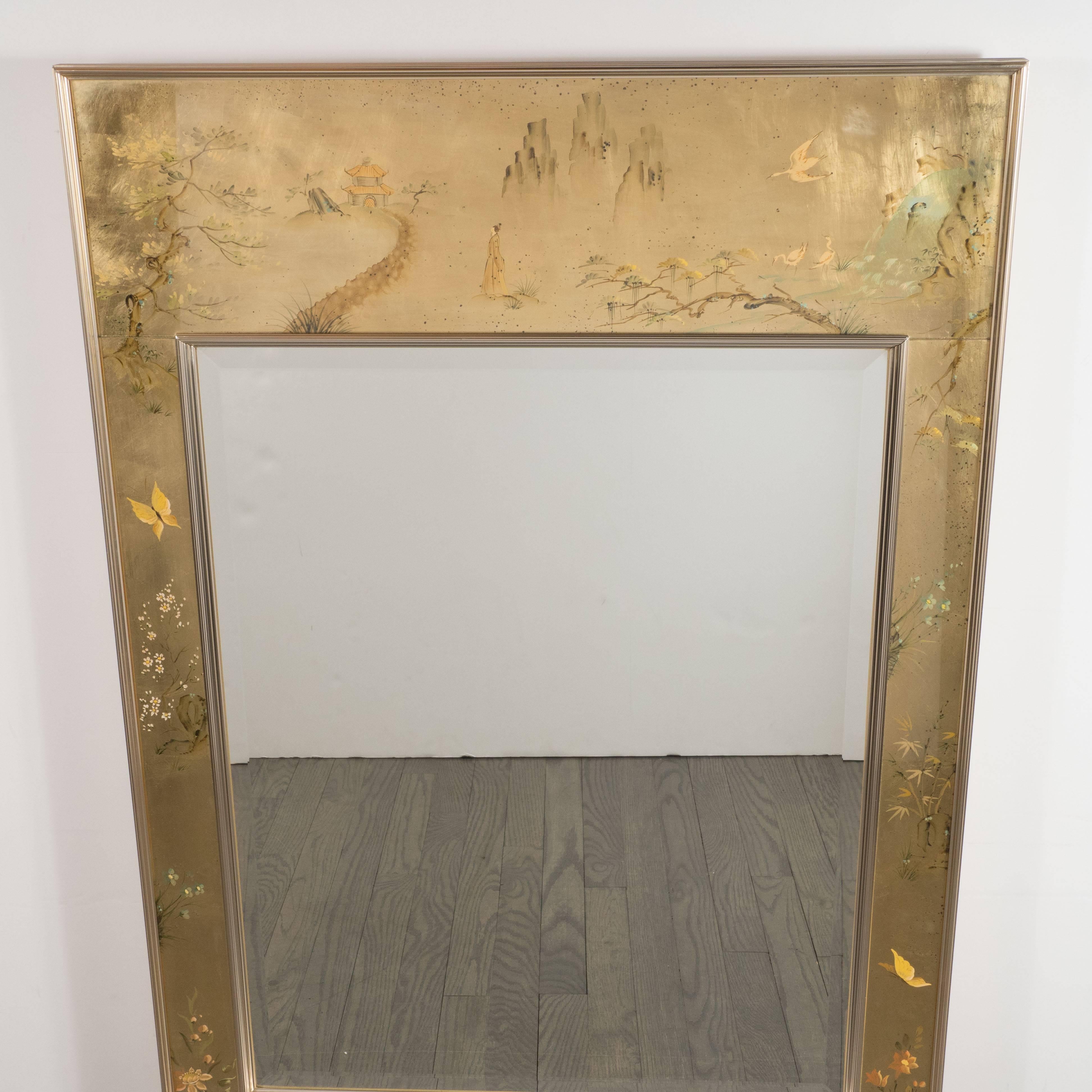 American Mid-Century Modern La Barge Reverse Hand-Painted Glass Chinoiserie Mirror