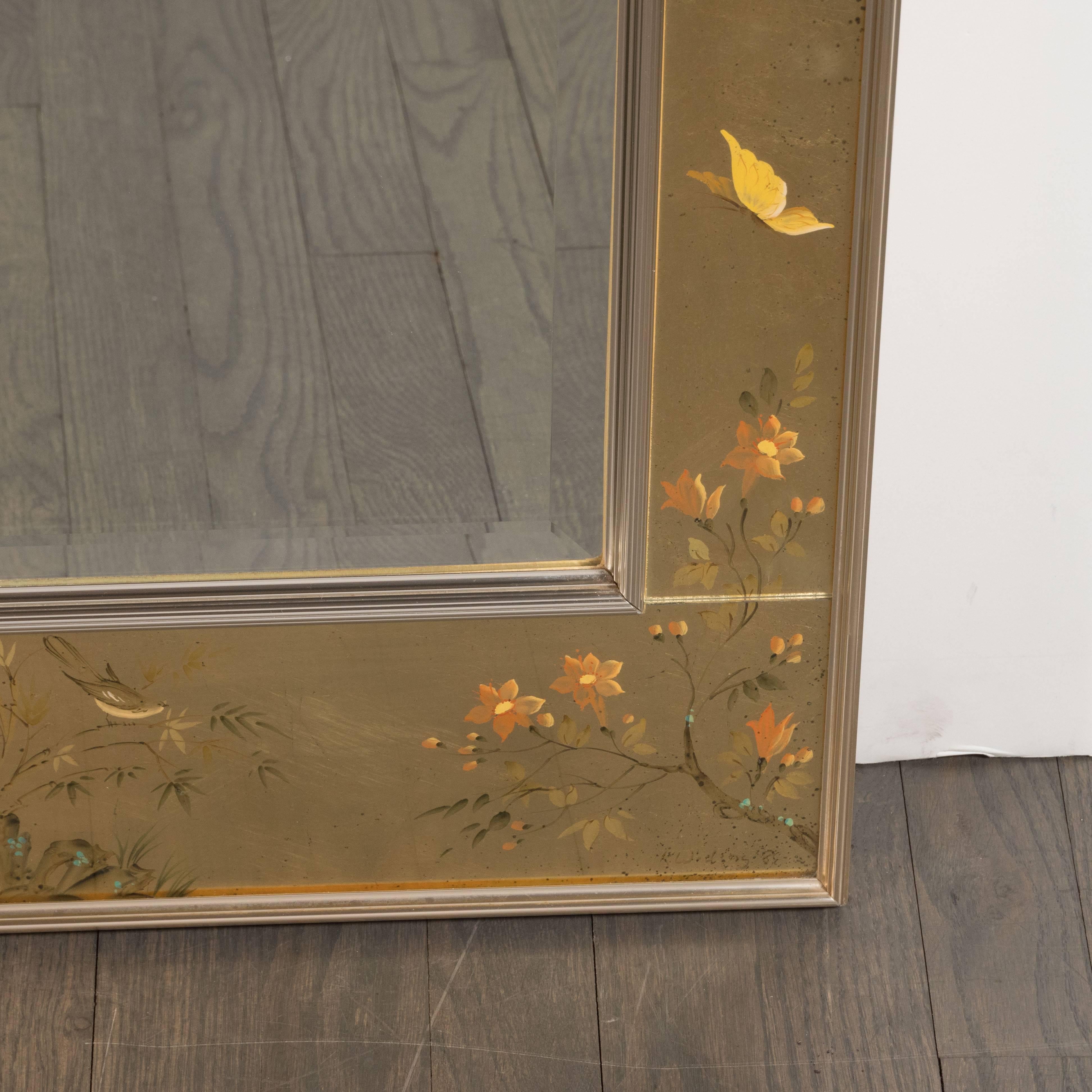 Mid-Century Modern La Barge Reverse Hand-Painted Glass Chinoiserie Mirror In Excellent Condition In New York, NY