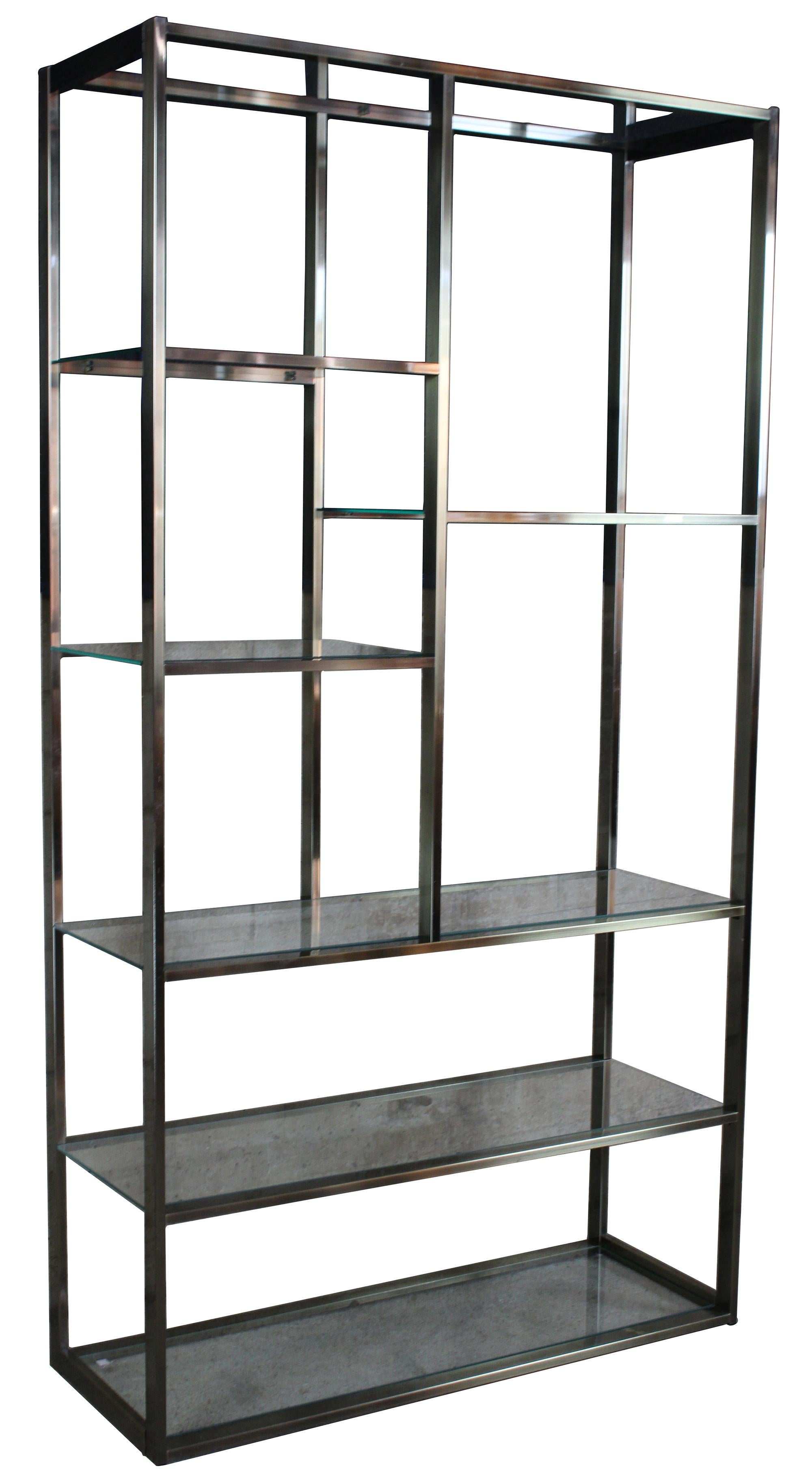 Vintage MCM Labarge chrome and glass étagère or room divider. Features sleek modular design with polished chrome and exposed glass sides.
      