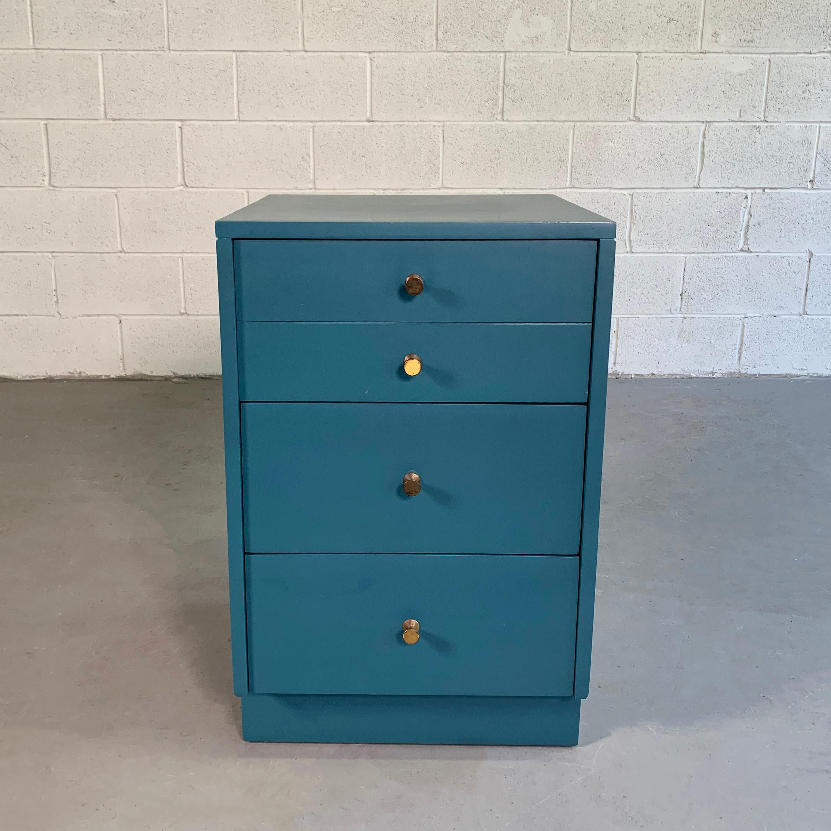 Mid-Century Modern, petite dresser is lacquered blue chestnut drawers with three 7.75 inches height drawers with brass pulls. This versatile piece also works as a tall nightstand or end table.