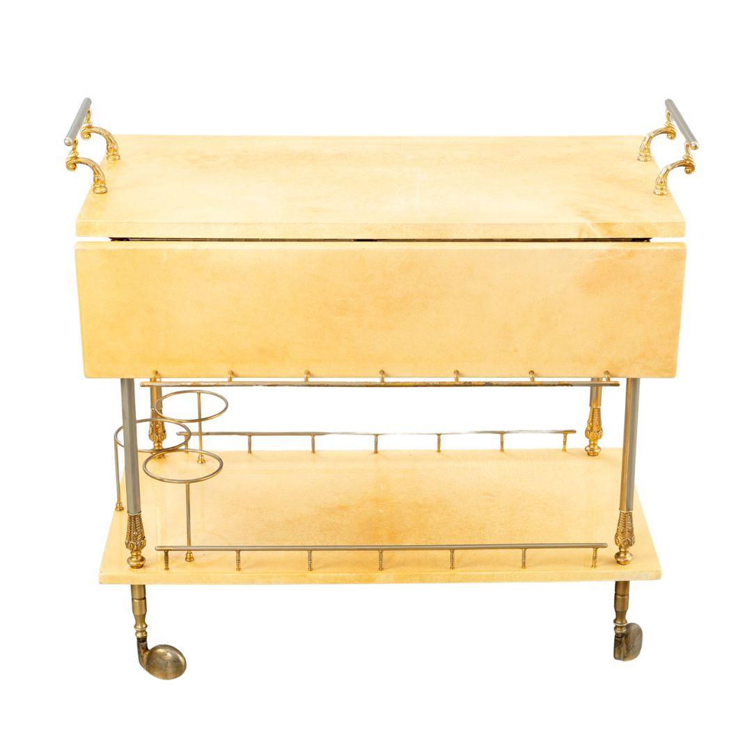 Italian Mid-Century Modern Lacquered Goatskin and Brass Bar Cart by Aldo Tura For Sale