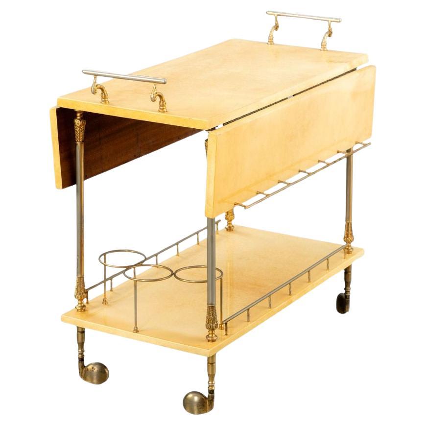 Mid-Century Modern Lacquered Goatskin and Brass Bar Cart by Aldo Tura