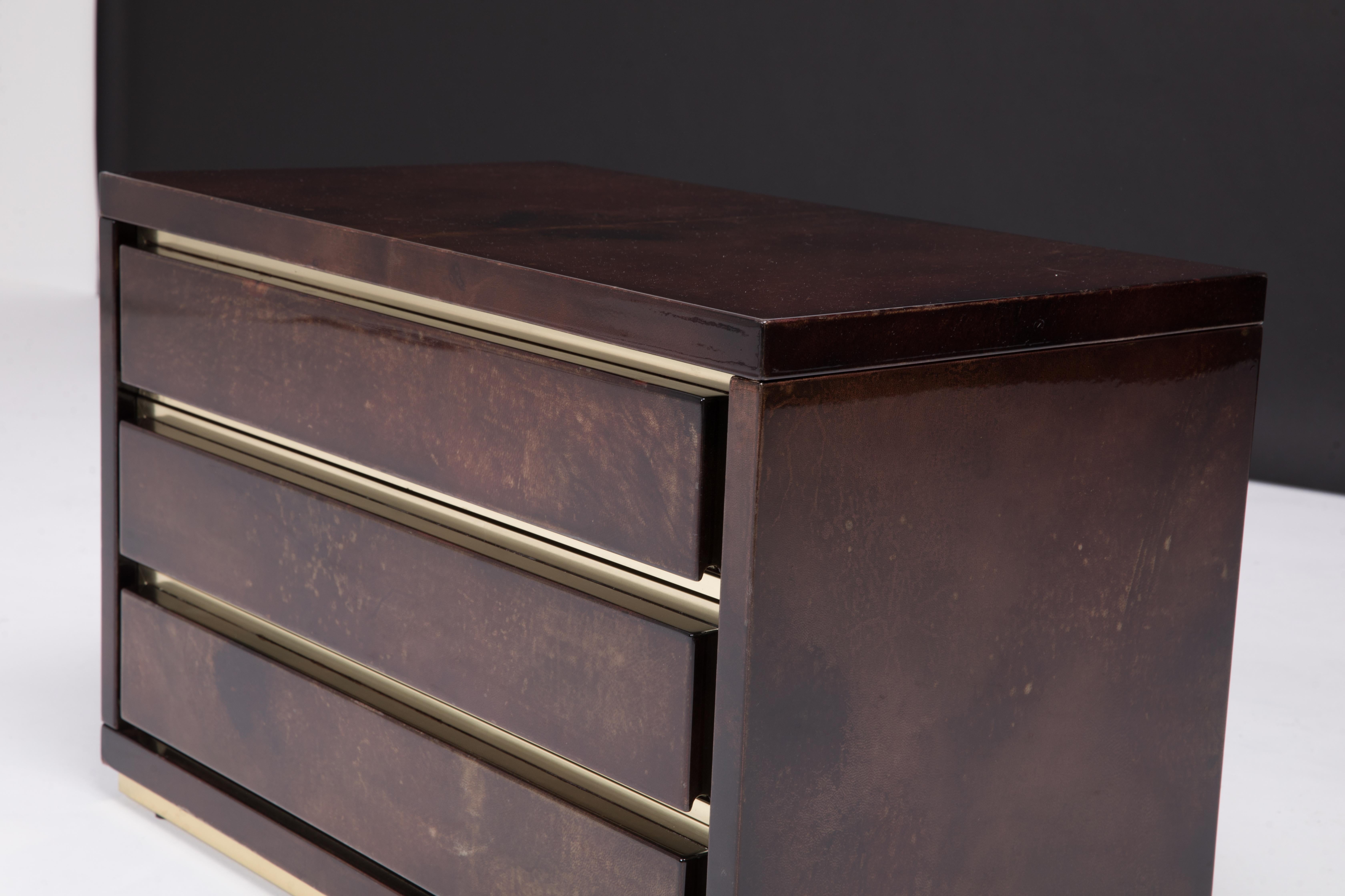 Mid-Century Modern Aldo Tura Lacquered Goatskin Bedside with Brass Profiles  6