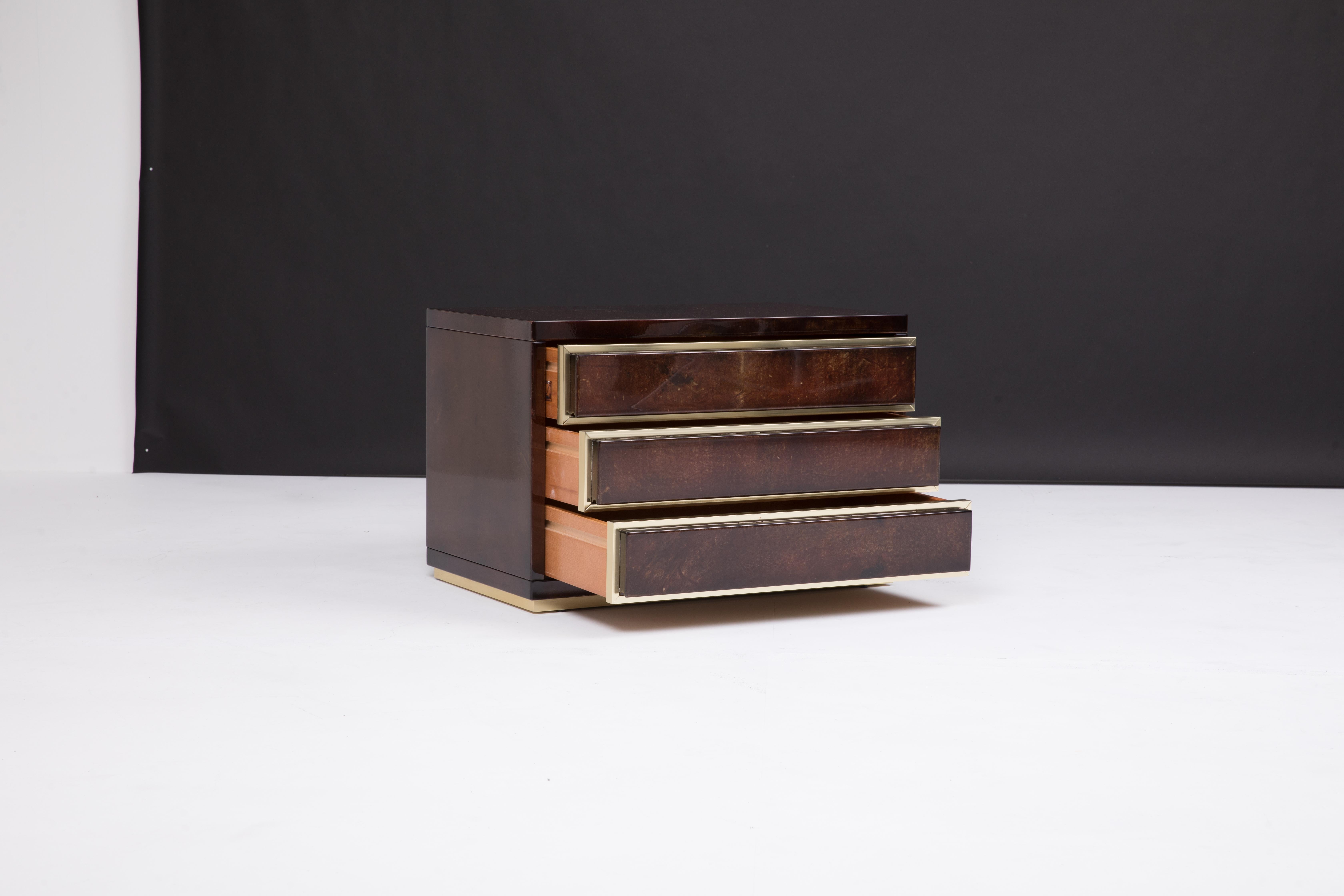Late 20th Century Mid-Century Modern Aldo Tura Lacquered Goatskin Bedside with Brass Profiles 