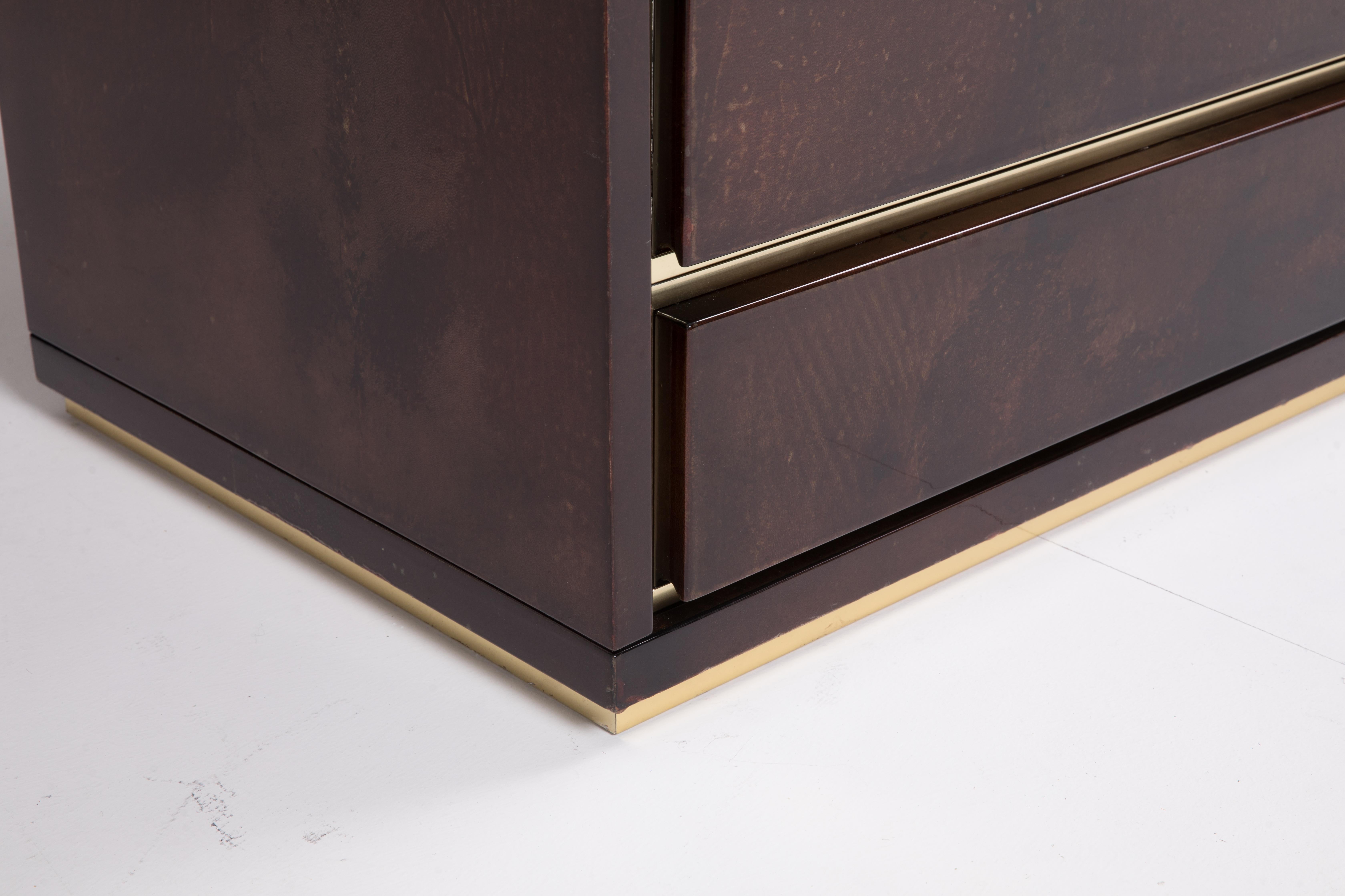 Mid-Century Modern Aldo Tura Lacquered Goatskin Bedside with Brass Profiles  3