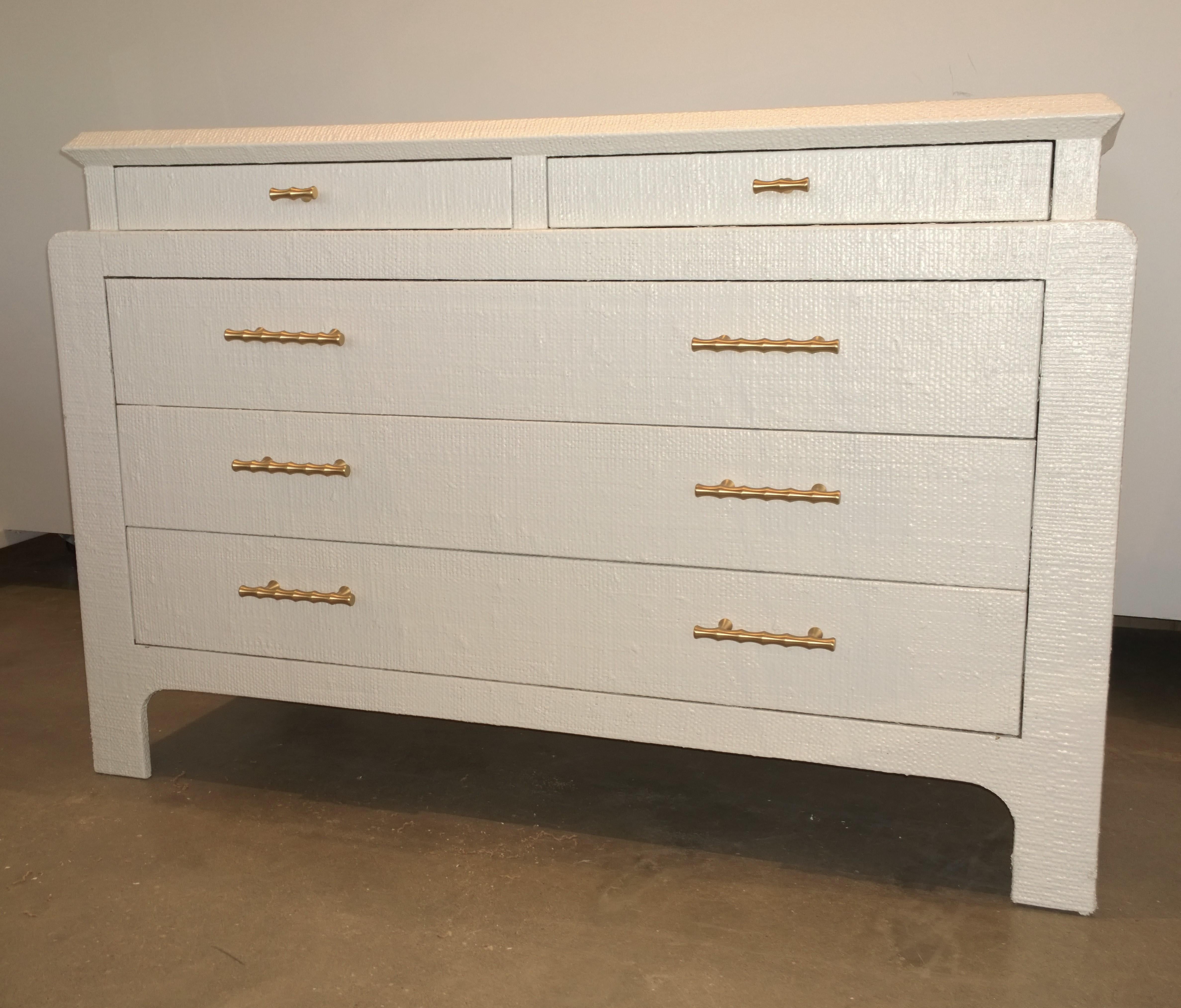 Brushed Mid-Century Modern Lacquered Grasscloth Dresser with Brass Bamboo Style Pulls