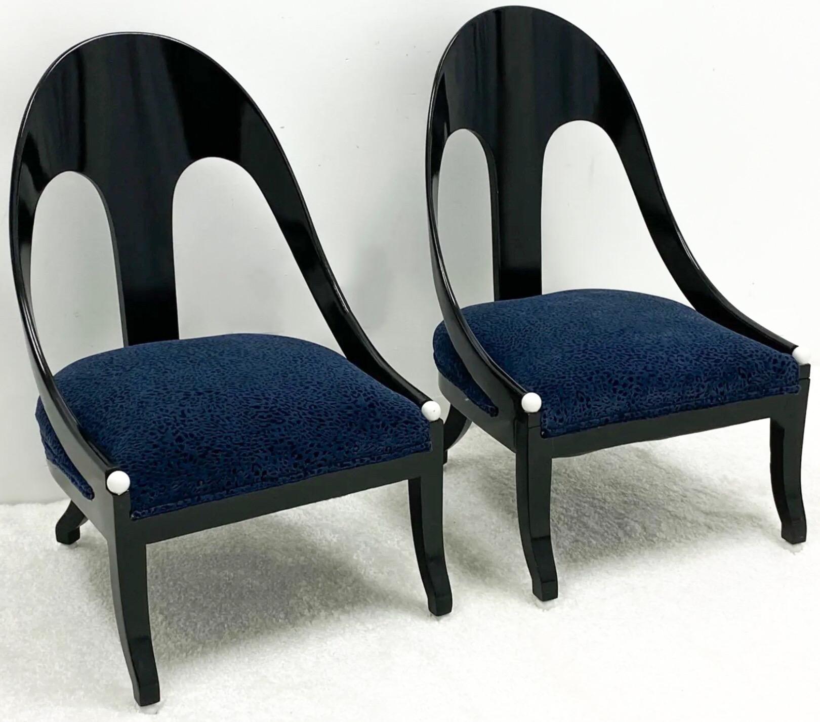 Velvet Mid-Century Modern Lacquered Horseshoe Back Chairs Att. to Baker Furniture, Pair For Sale