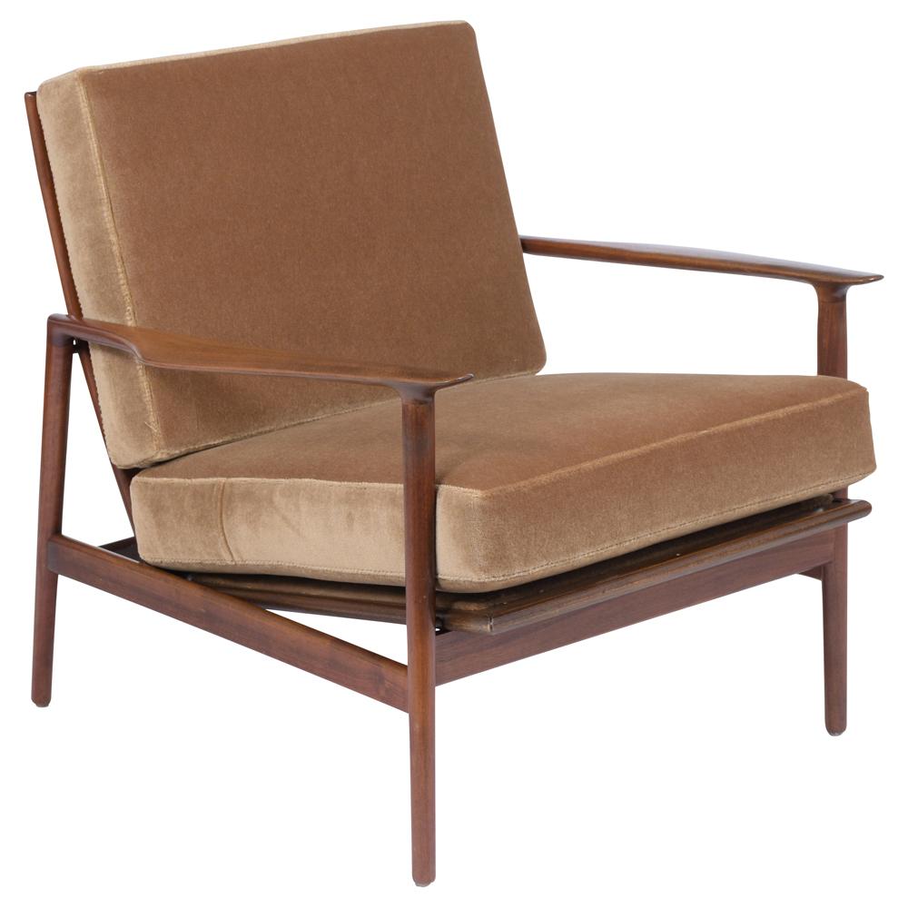 A 1960s Danish modern lounge chair handcrafted out of walnut wood with a newly stained lacquered finish and is professionally restored. This armchair feature sculpted slatted backrests, paddle-shaped armrests, and has been newly upholstered in