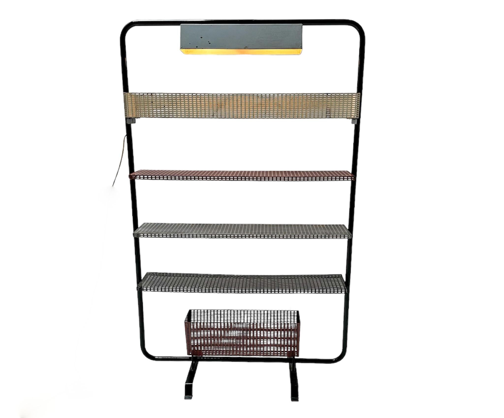 Stunning and elegant Mid-Century Modern wall unit or room divider.
Striking French design from the 1960s.
Original black lacquered metal frame with original multi-colored sheet metal shelves and  original lighting.
This wonderful Mid-Century Modern