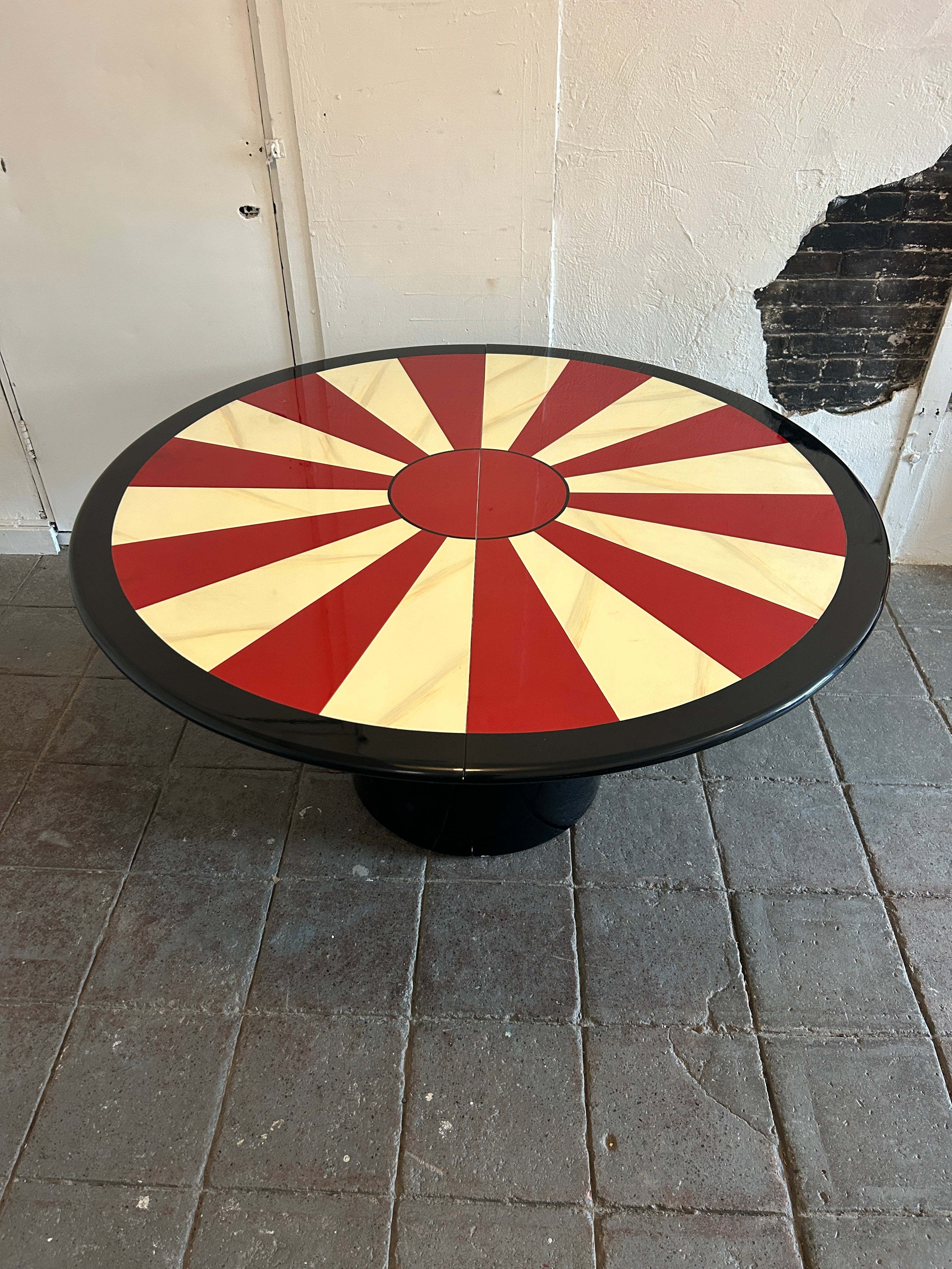 American Mid-Century Modern Lacquered Red & Black round Dining Table Karl Springer Style  For Sale