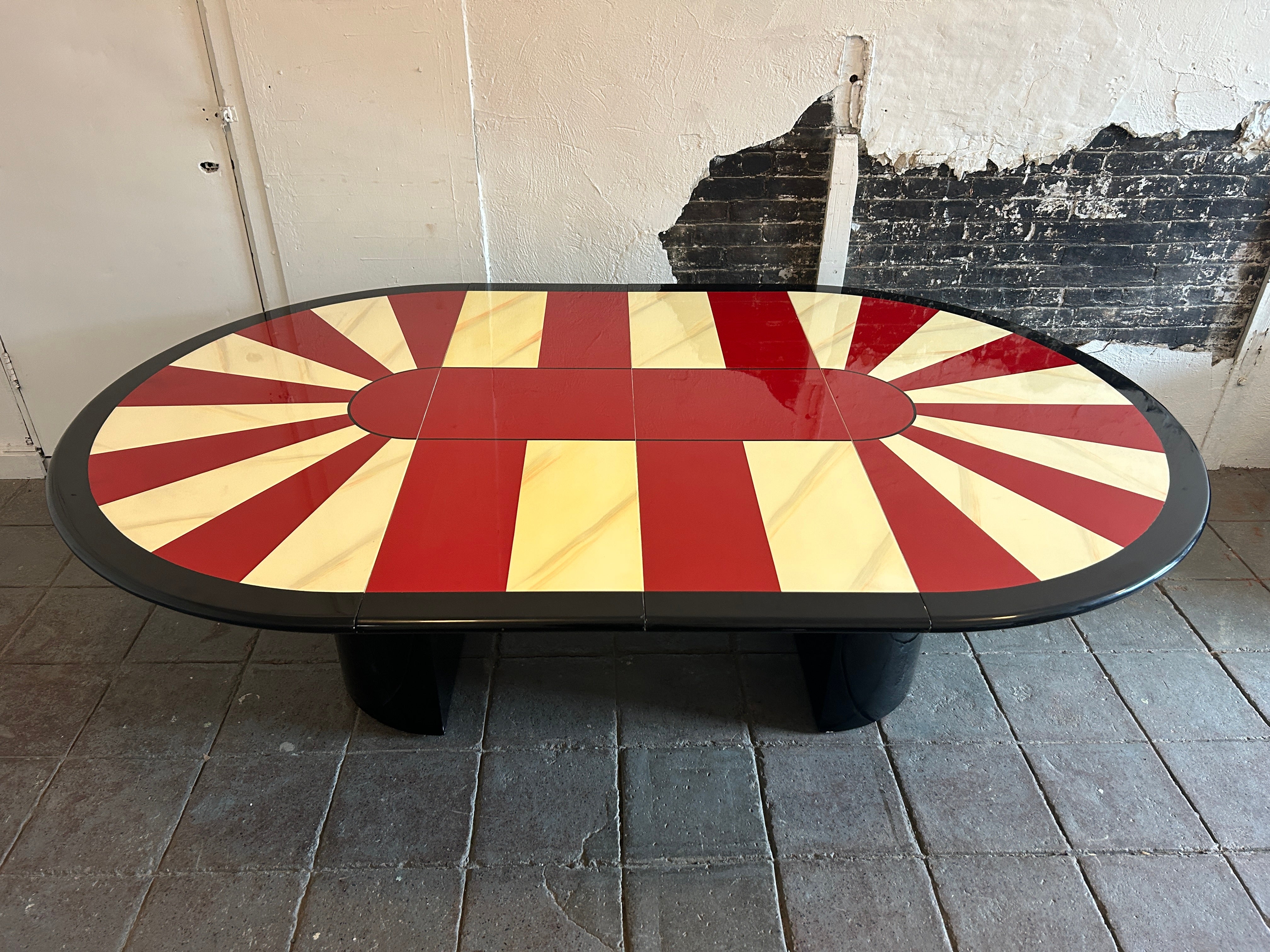 Wood Mid-Century Modern Lacquered Red & Black round Dining Table Karl Springer Style