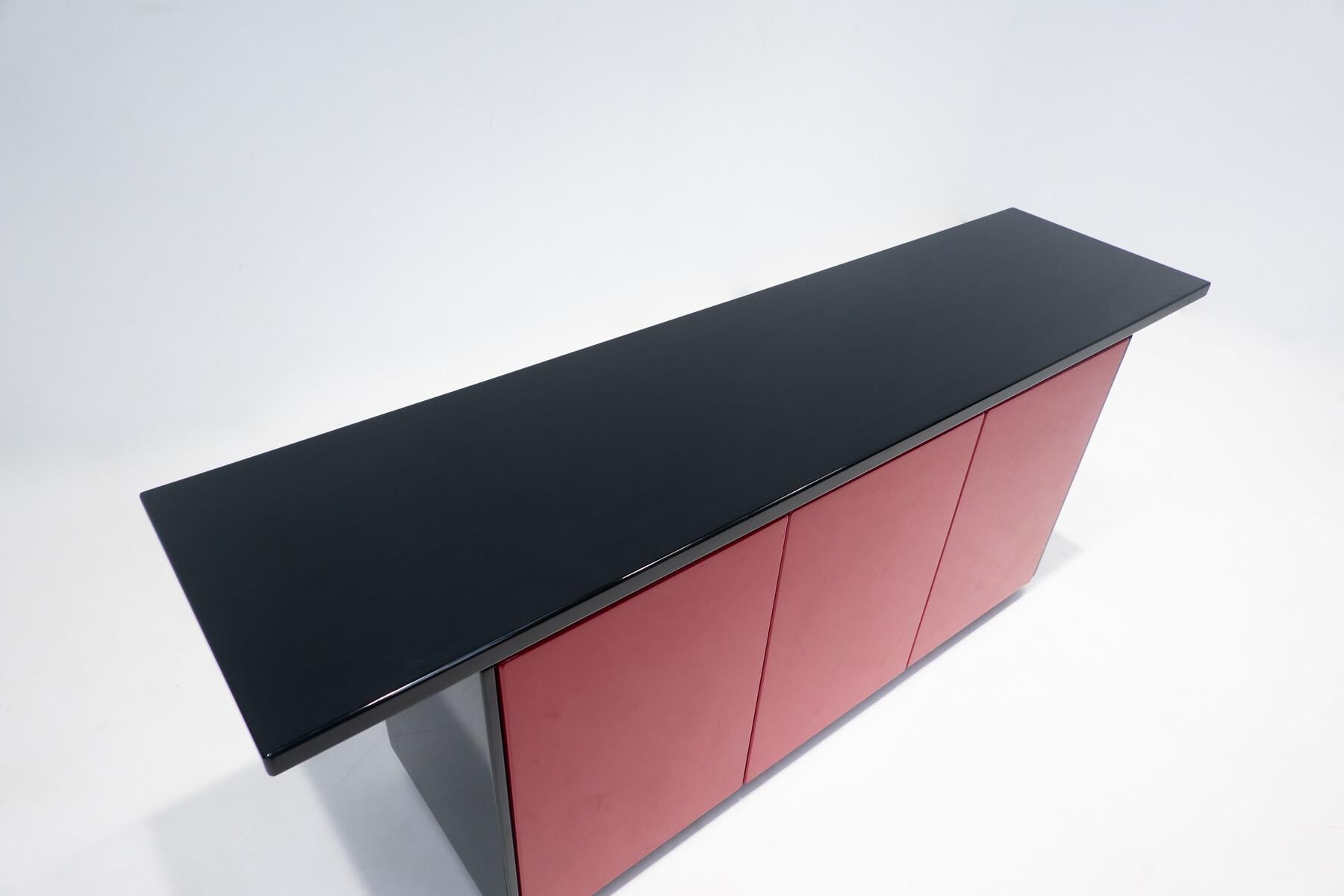 Wood Mid-Century Modern Lacquered Sideboard, Red and Black, Italy, 1970s For Sale
