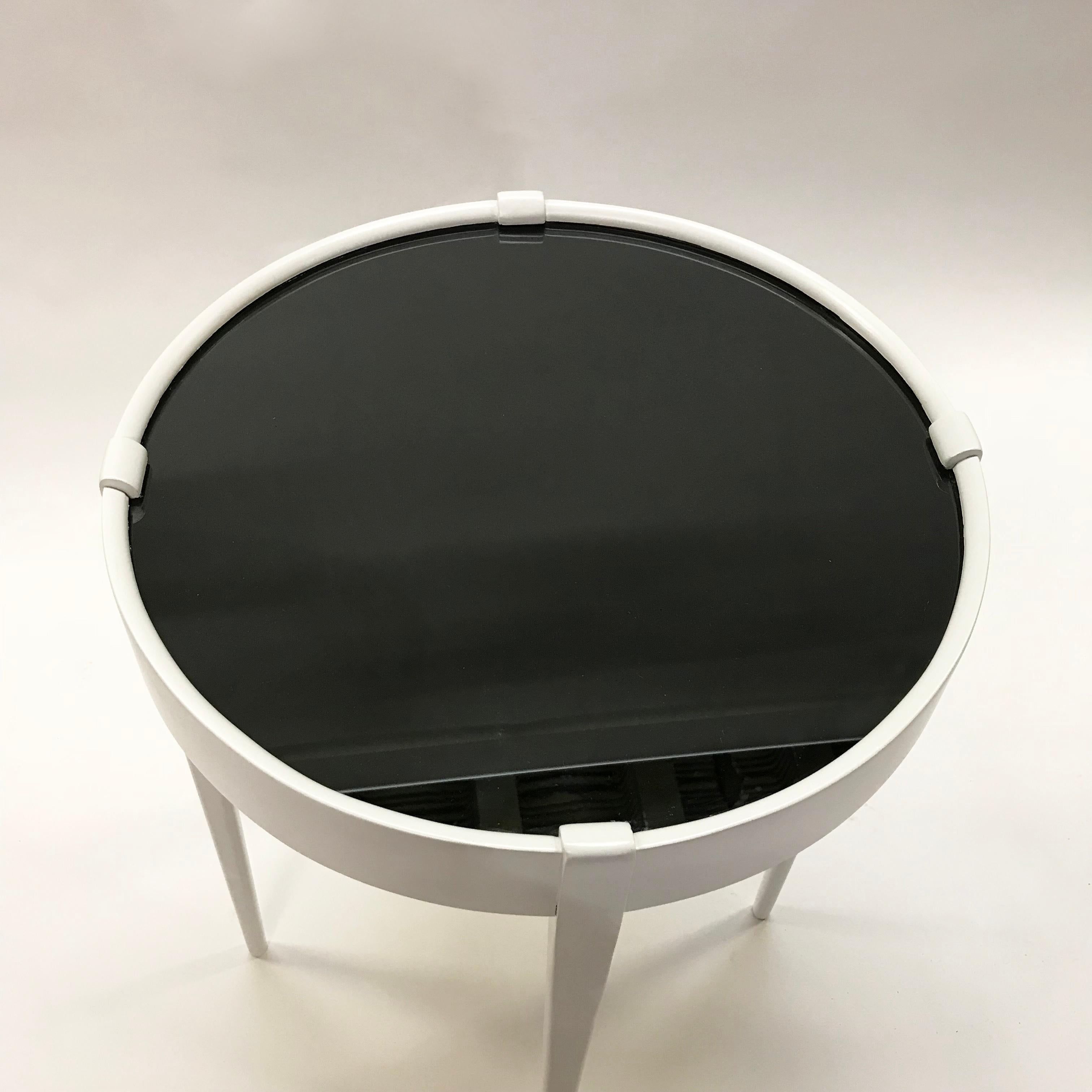 American Mid-Century Modern Lacquered Wood Smoked Mirror Round Side Table