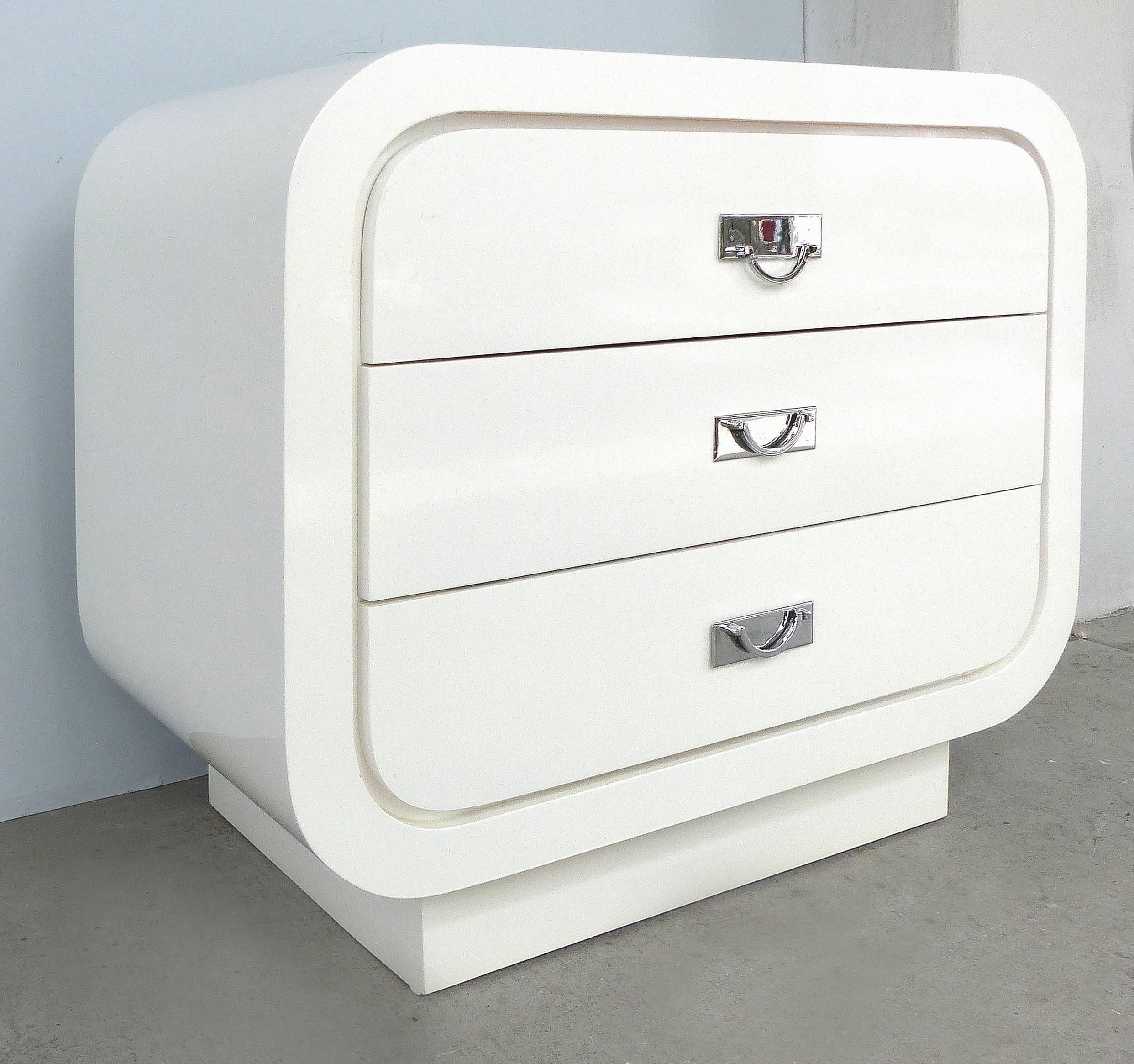 Late 20th Century Mid-Century Modern Lacquered Wood Three-Drawer Nightstands, Pair