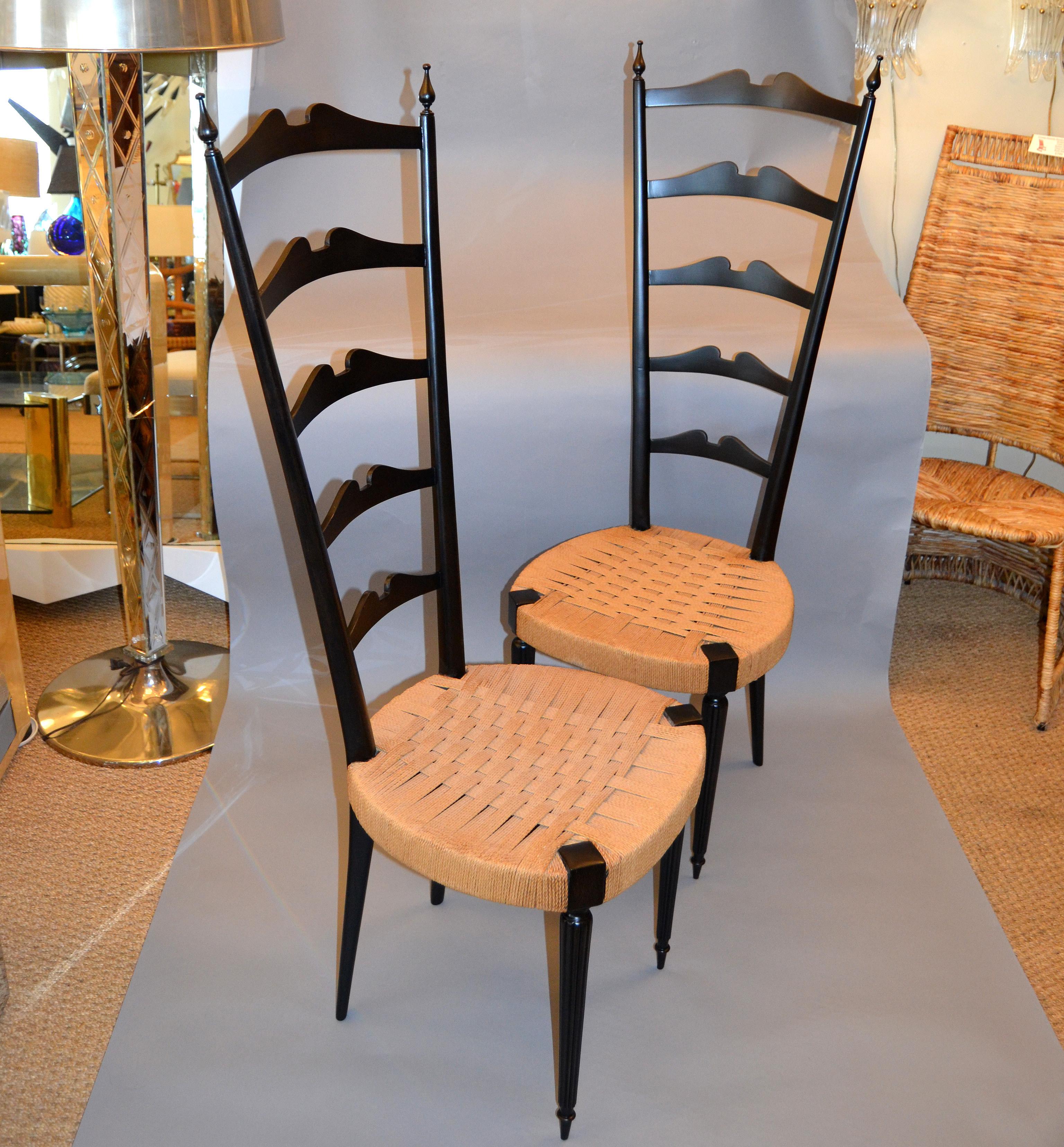 Mid-Century Modern Ladder Back Chairs Woven Rush Seat Paolo Buffa Italy, Pair 7