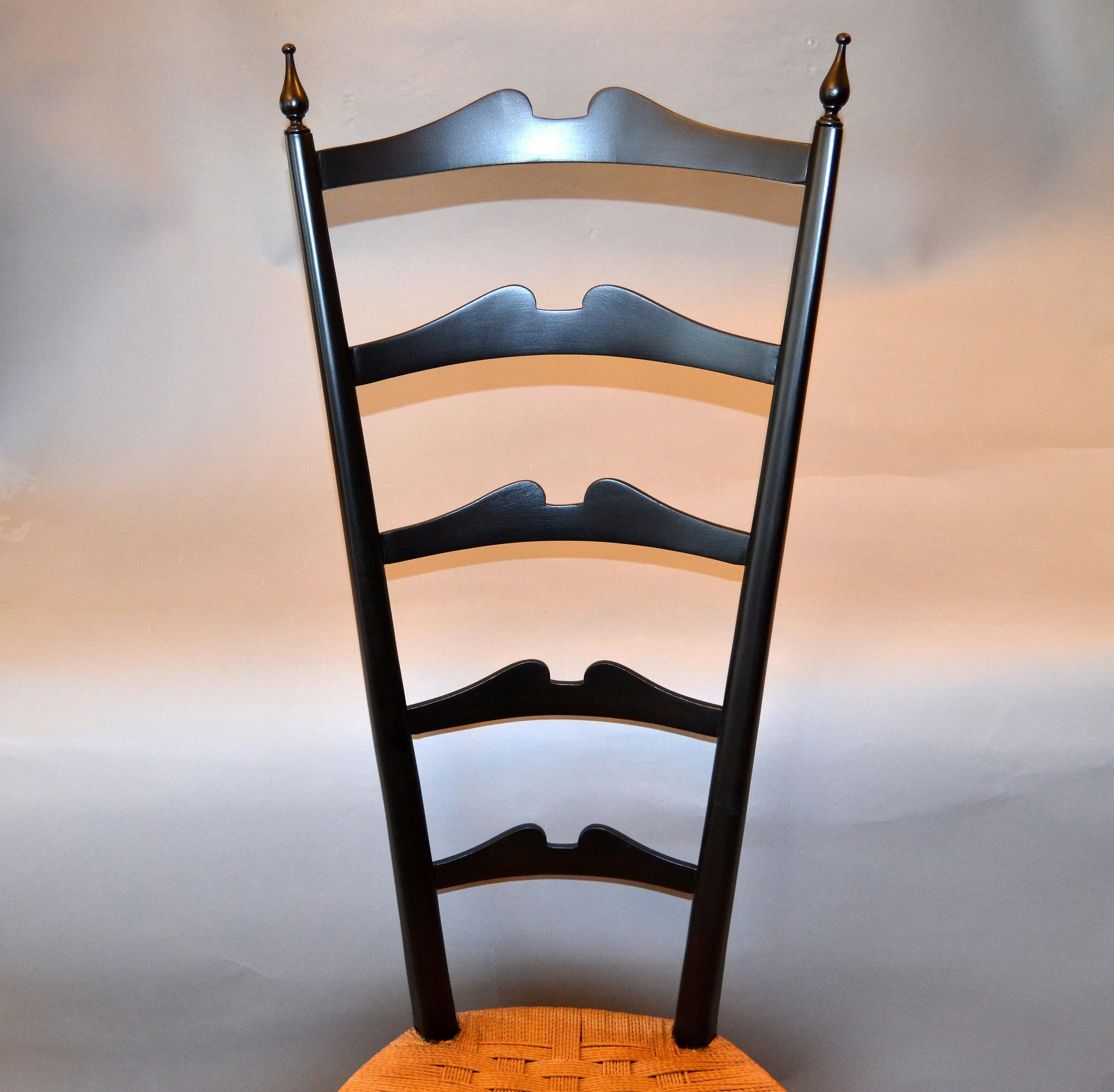 Ebonized Mid-Century Modern Ladder Back Chairs Woven Rush Seat Paolo Buffa Italy, Pair