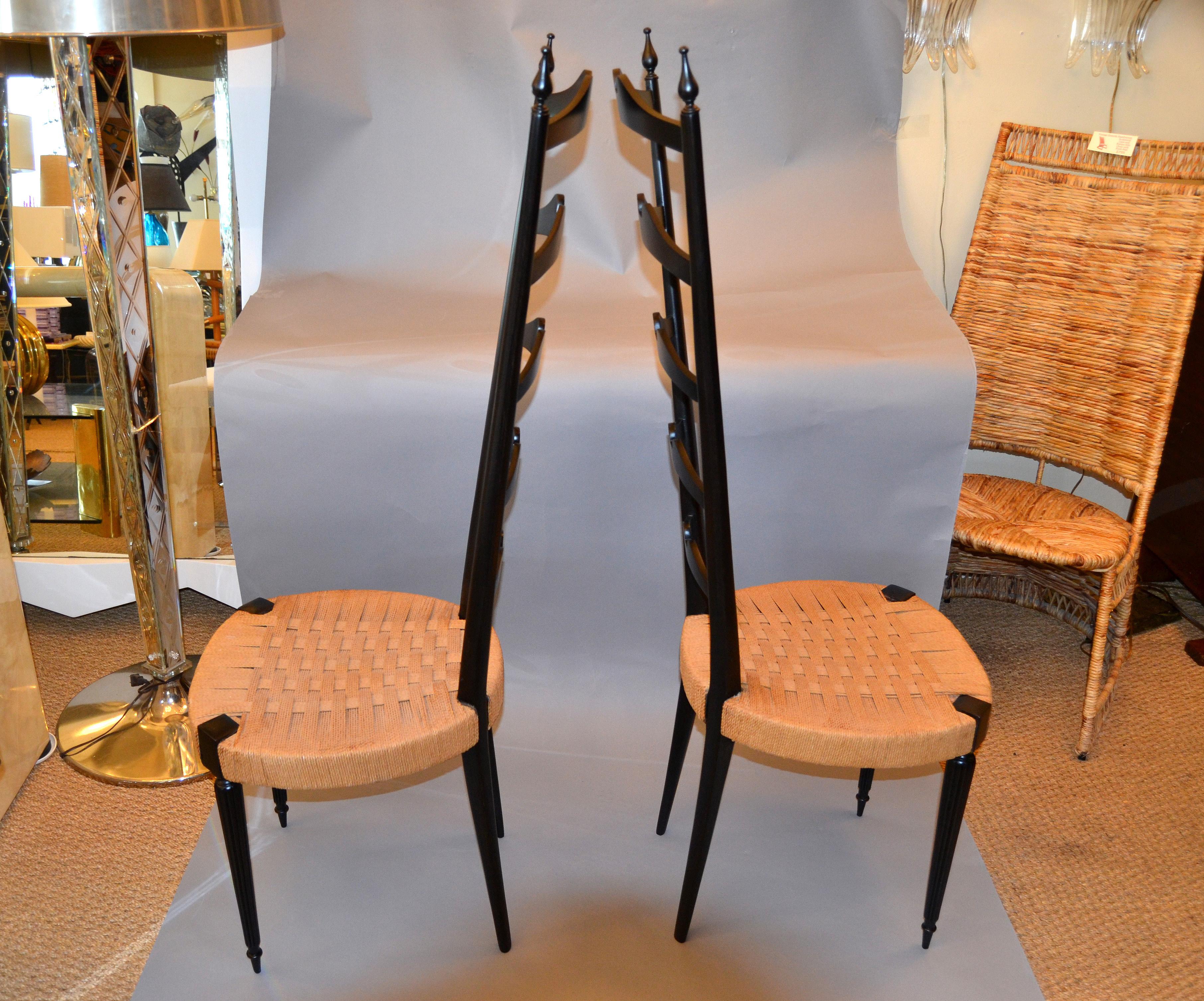Mid-20th Century Mid-Century Modern Ladder Back Chairs Woven Rush Seat Paolo Buffa Italy, Pair