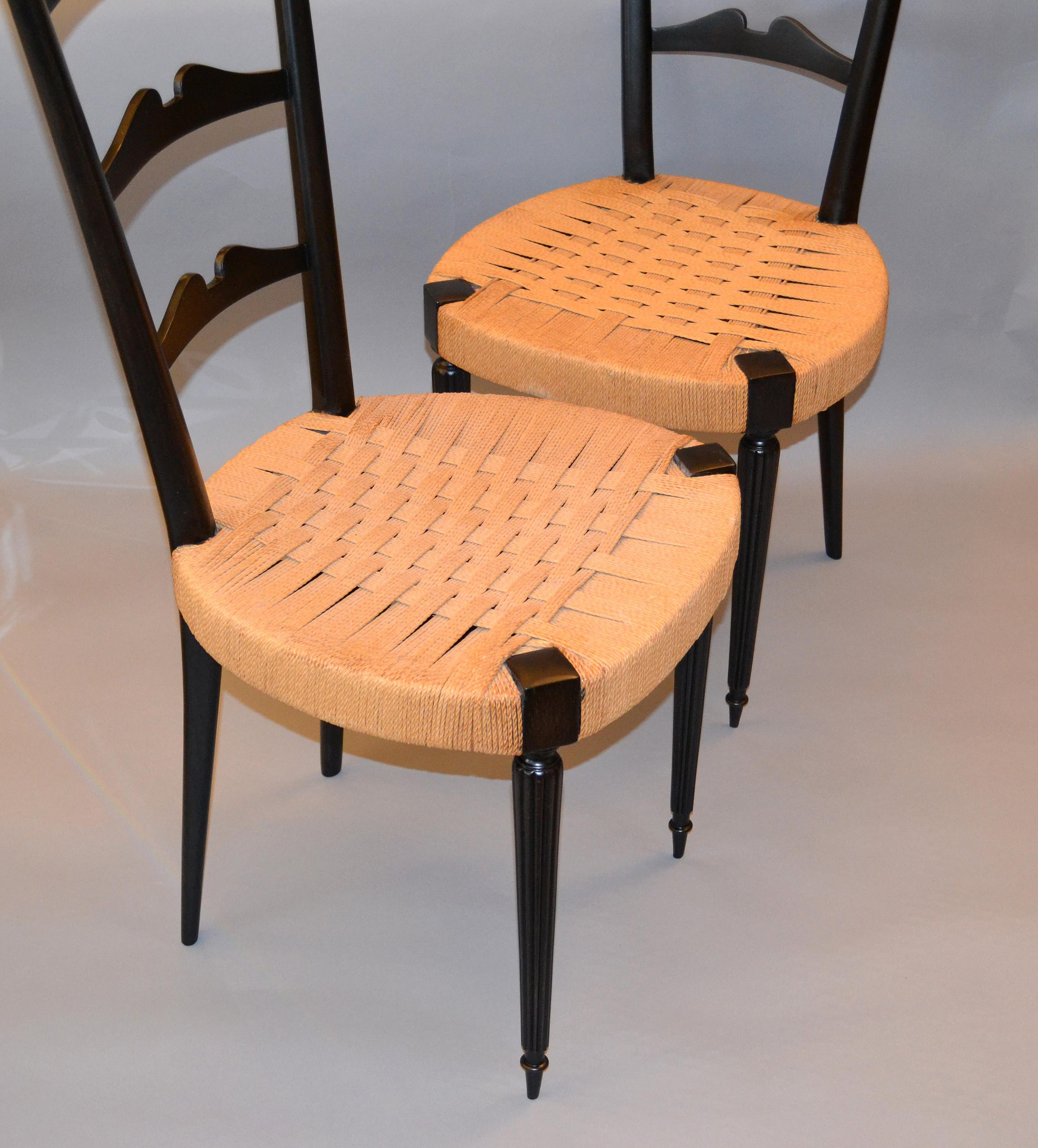 Mid-Century Modern Ladder Back Chairs Woven Rush Seat Paolo Buffa Italy, Pair 1