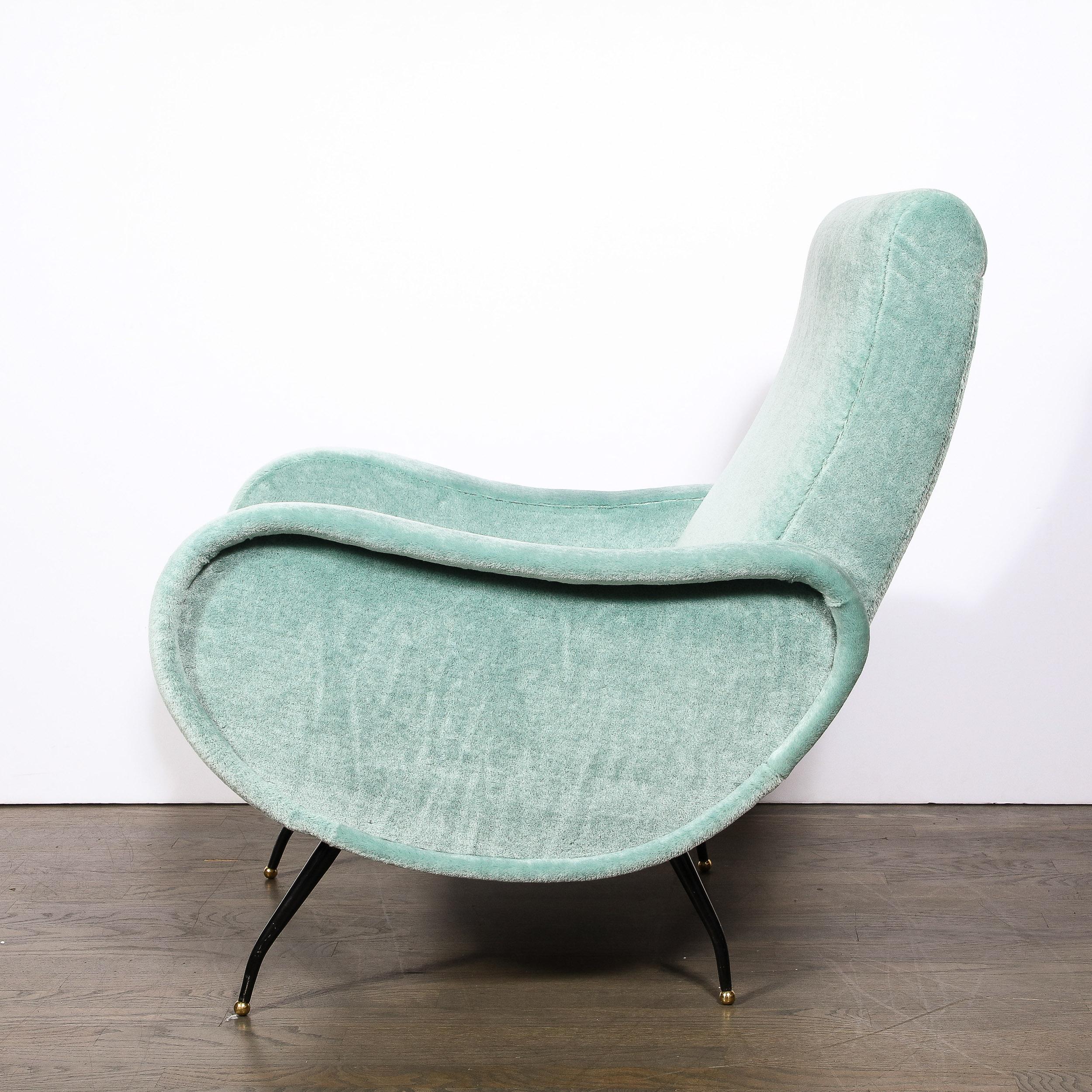Brass Mid-Century Modern 'Lady Arm Chairs' in Aquamarine Mohair by Marco Zanuso