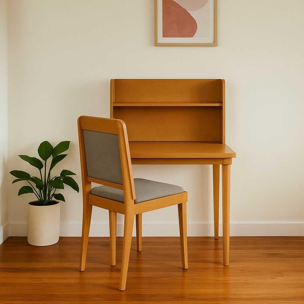 A clean-lined Mid-Century Modern desk with an integrated laminate hutch, crafted with a soft wood-tone laminate surface, featuring a classic 1960s modular look.

Design: Mid-Century Modern with a minimalist and functional aesthetic, inspired by