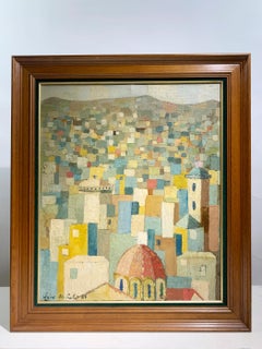 Mid Century Modern Landscape of a Mediterranean Hillside City Painting, Signed