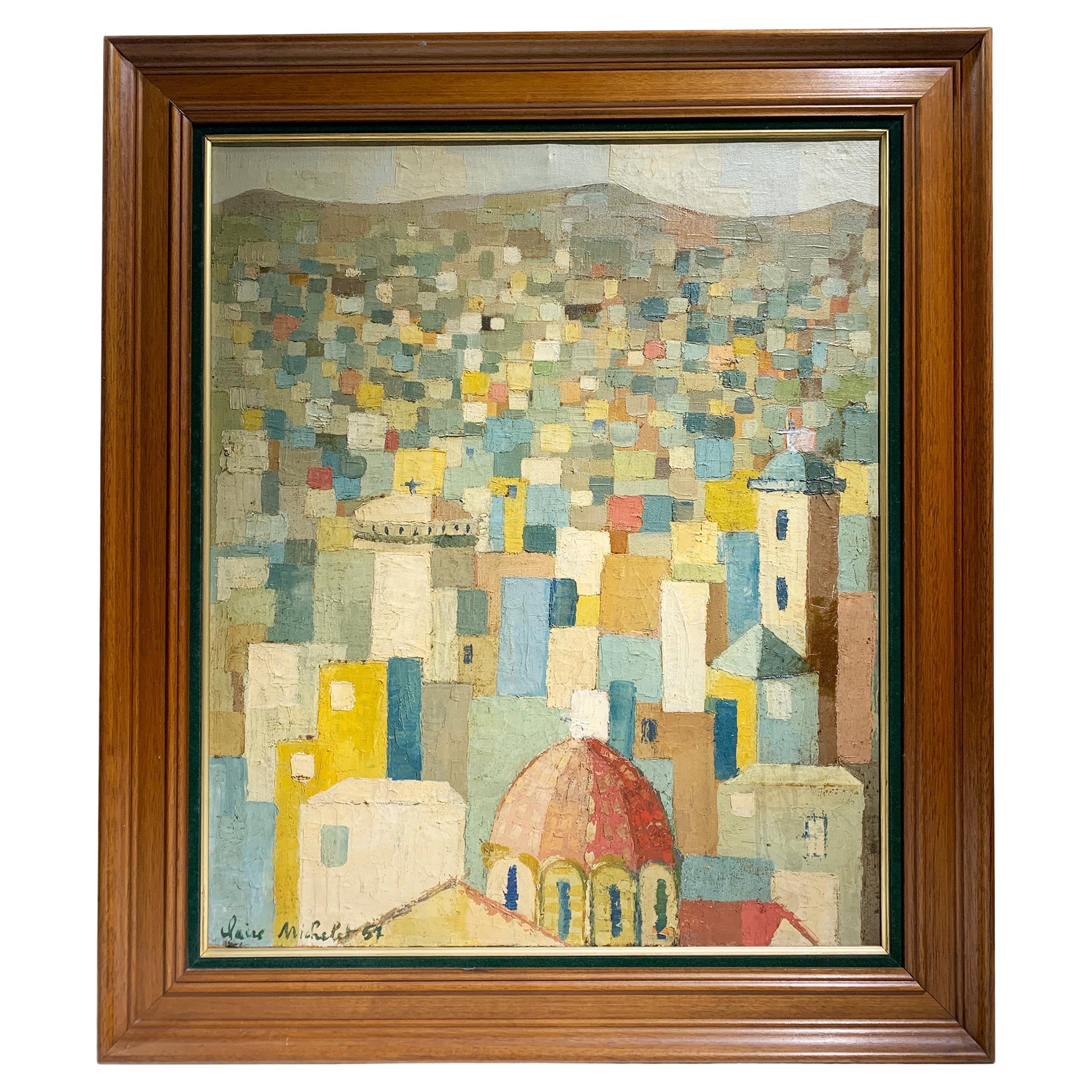 Mid Century Modern Landscape of a Mediterranean Hillside City Painting, Signed