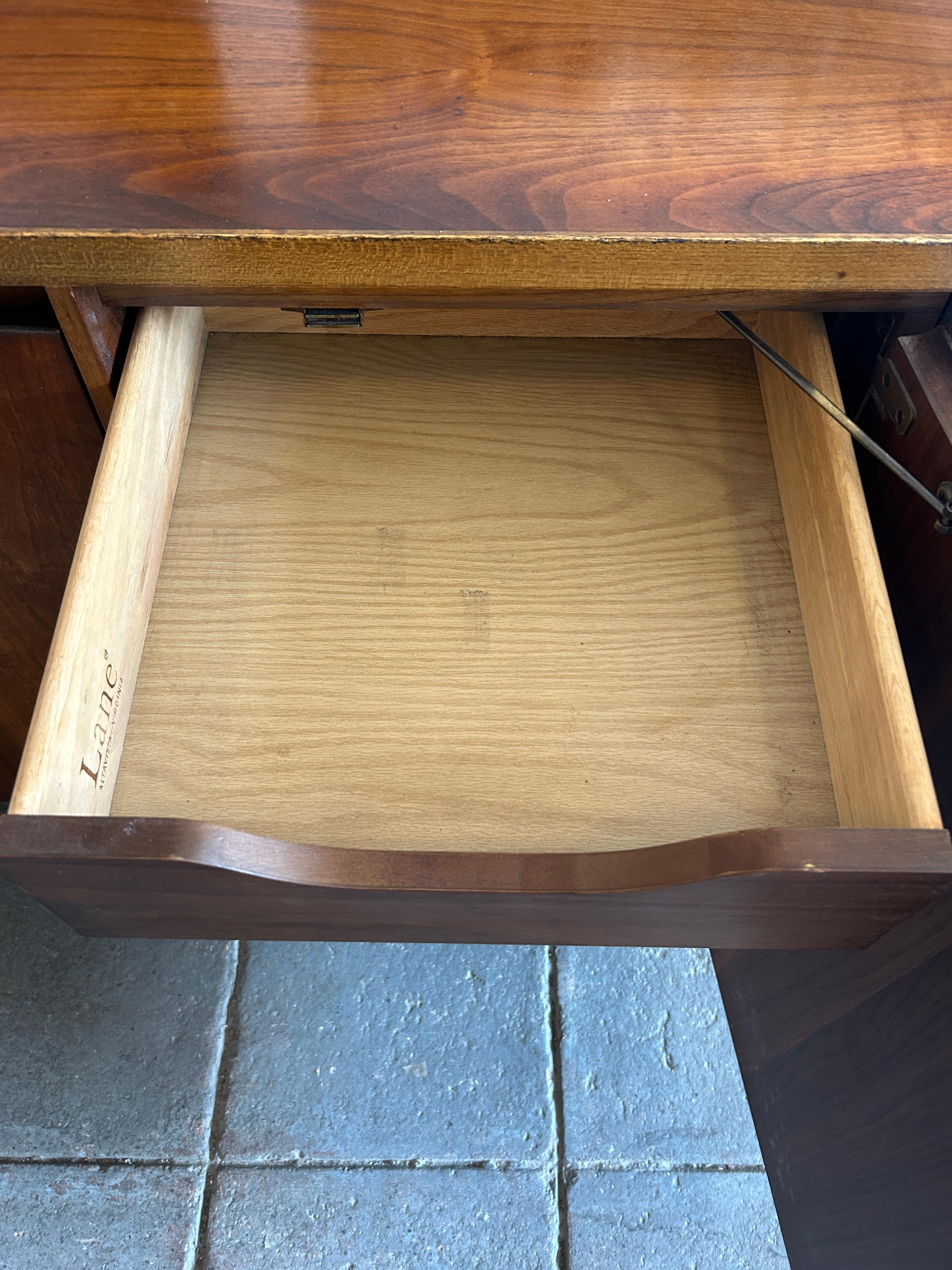 Late 20th Century Mid Century Modern Lane 2 Drawer 3 door Walnut Credenza with Chrome legs