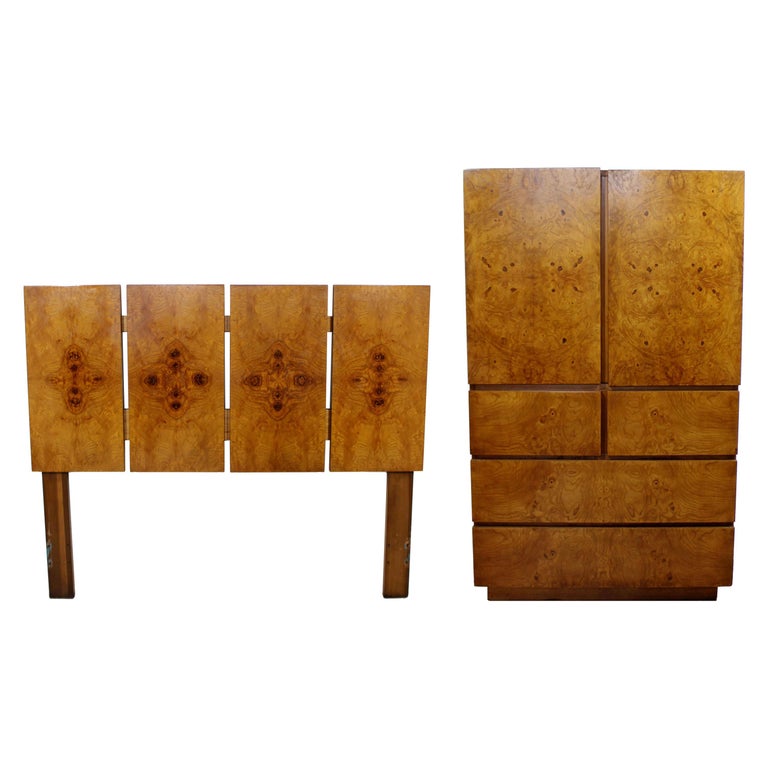 MidCentury Modern Lane 2 Pc Burl Wood Bedroom Set Highboy Dresser