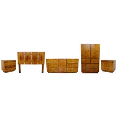 Mid-Century Modern Lane 5 Pc Burl Wood Bedroom Dresser Nightstands Headboard