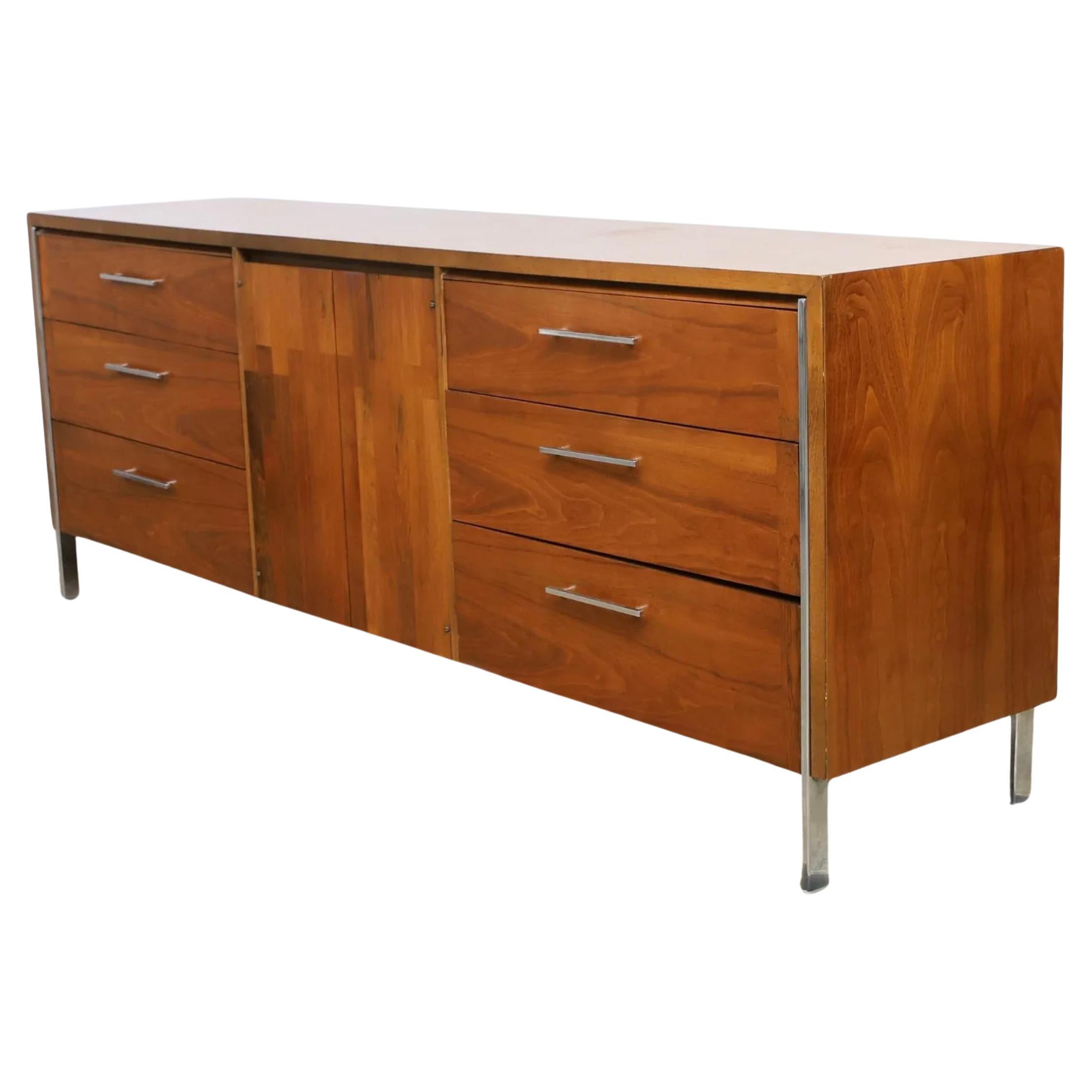 Rare Mid-Century Modern Lane patchwork walnut and rosewood credenza sideboard circa 1970s well built. Has 2 center front cabinet doors with 3 drawers behind them. Has 6 drawers with chrome handles on the left and right front with lots of storage.