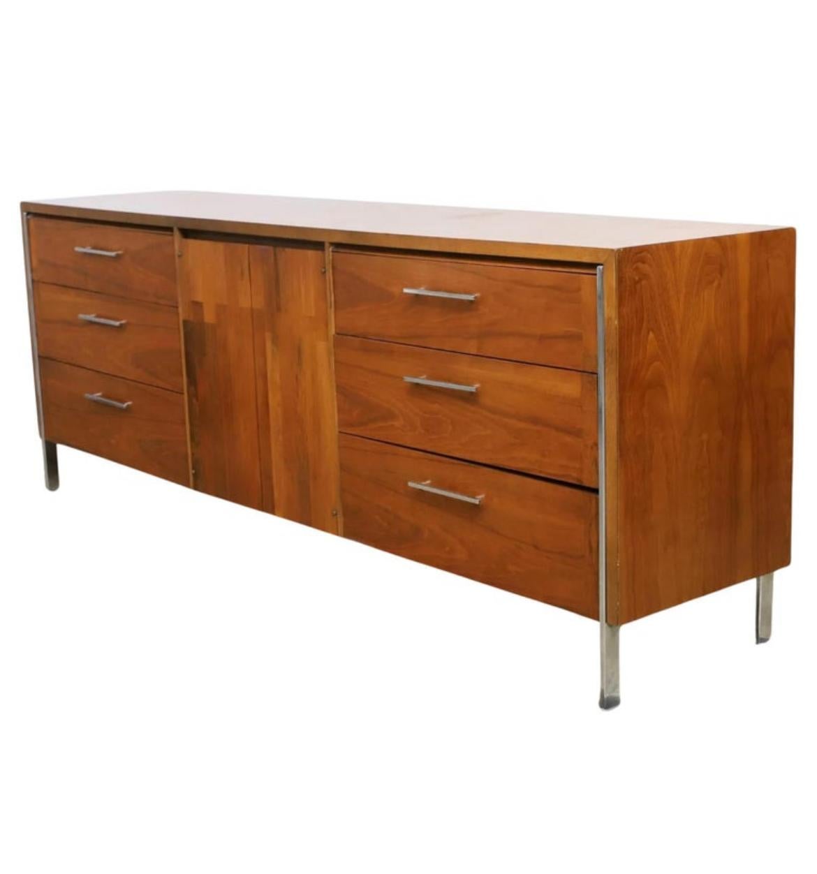Rare Mid-Century Modern Lane patchwork walnut and rosewood credenza sideboard circa 1970s well built. Has 2 center front cabinet doors with 3 drawers behind them. Has 6 drawers with chrome handles on the left and right front with lots of storage.