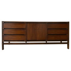 Mid Century Modern Lane 9 Drawer Walnut Credenza or Dresser Brass Knobs