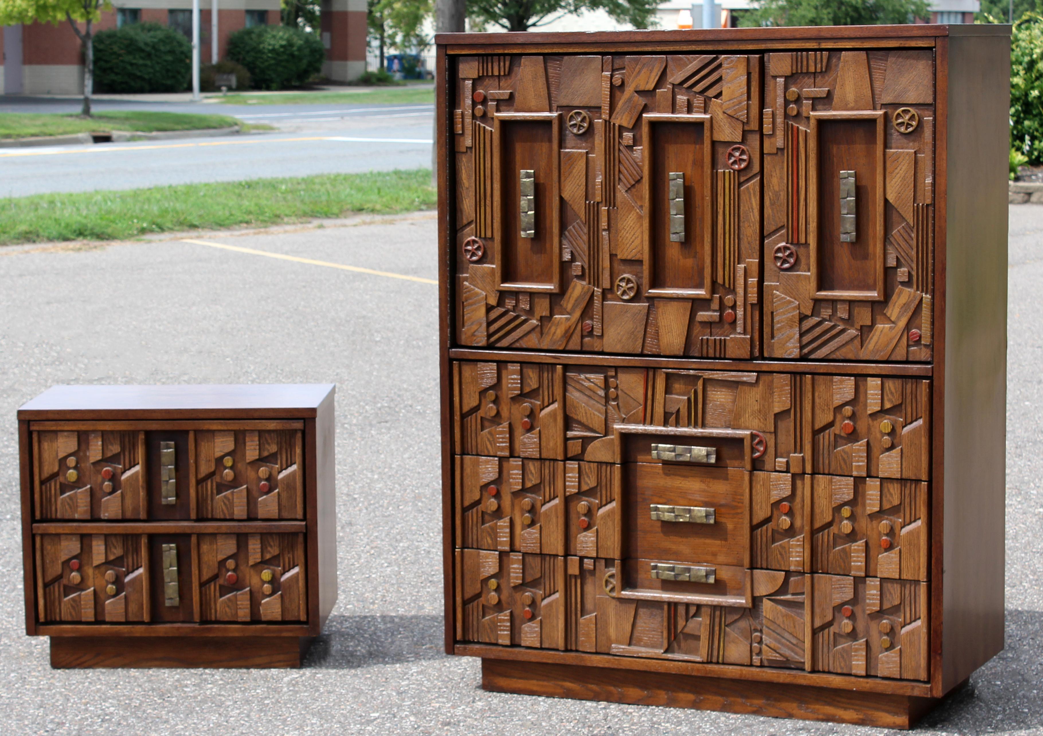 For your consideration is an amazing walnut wood Brutalist highboy dresser and nightstand, by Lane Furniture in the style of Paul Evans with beautiful metal pulls. In very good condition. The dimensions of the dresser are 43